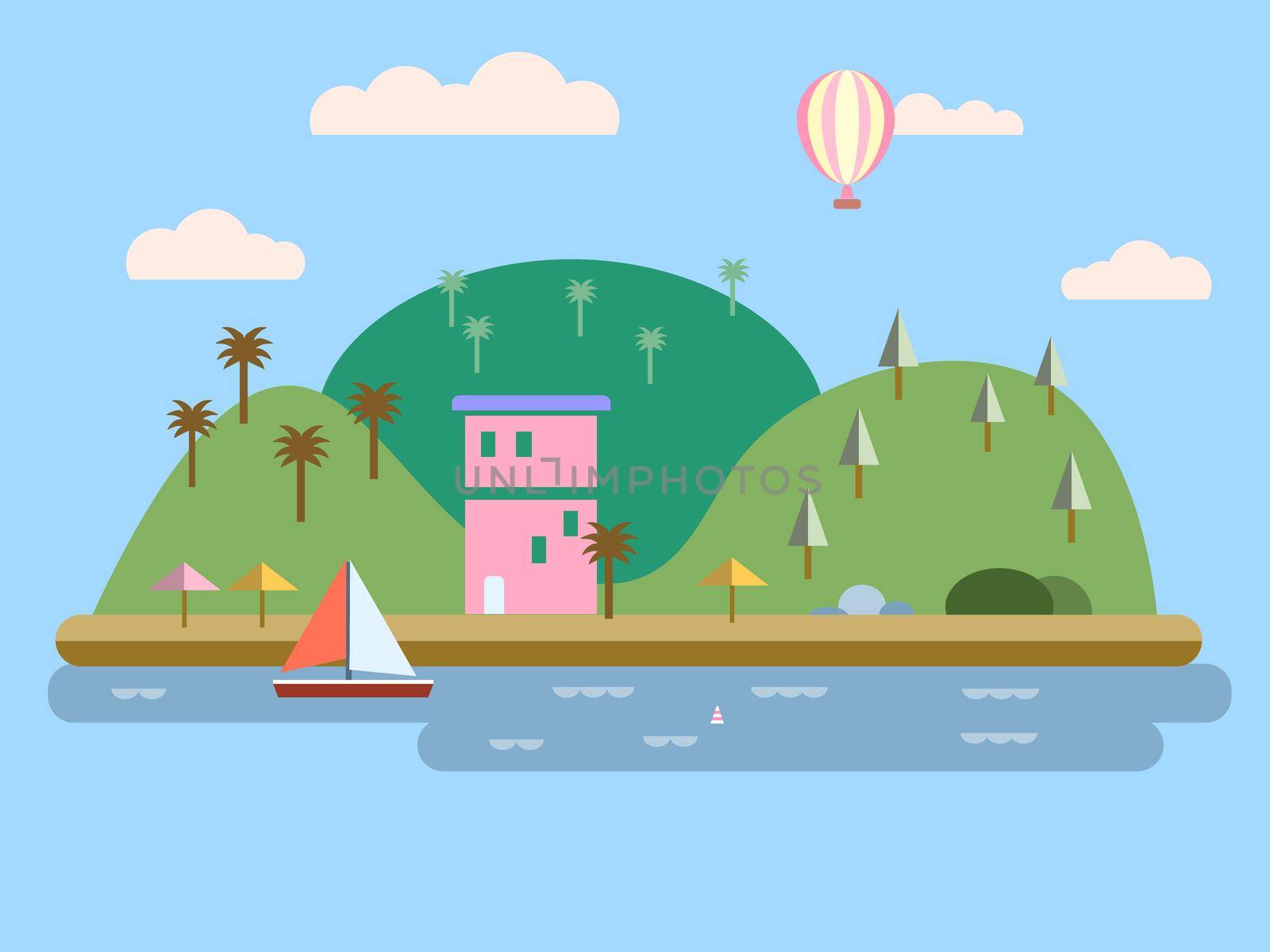 Islands, green hills, blue skies, water, trees, balloons, boat sails, home white cloud Modern flat design background design element