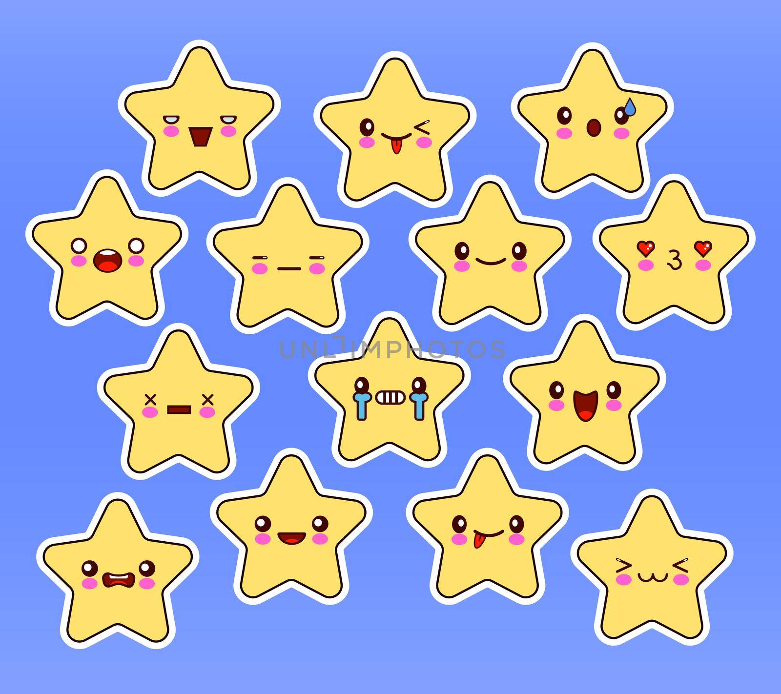 Kawaii stars set, face with eyes, yellow color on blue background. illustration