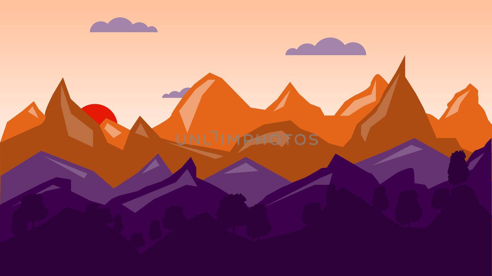 Colorful mountain background, sunrise time flat illustration