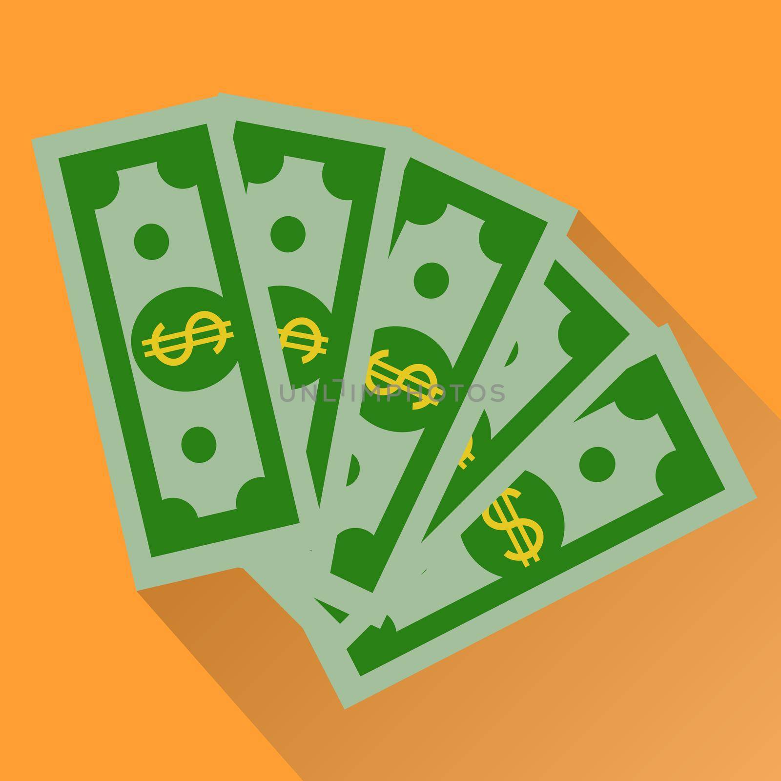 Cash, Green Dollars Icon isolated on orange background. Money Illustration