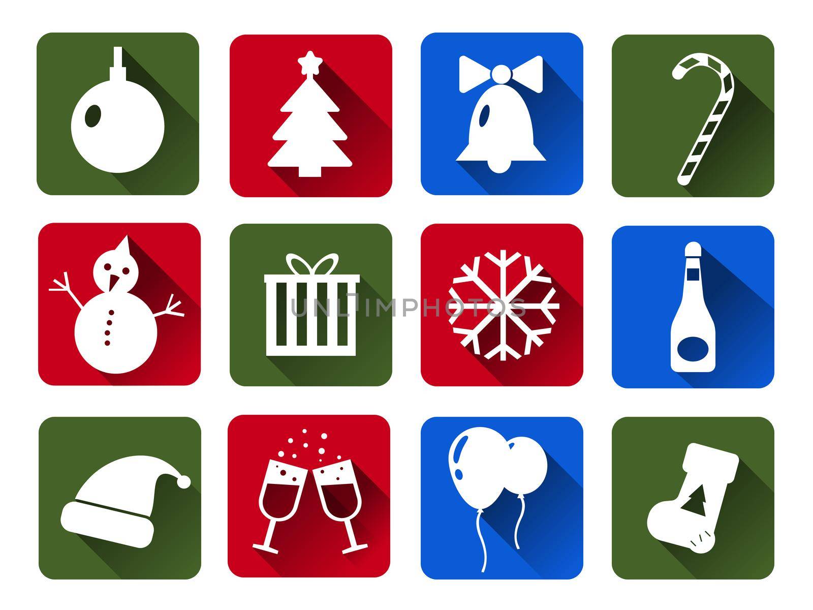 Set of Christmas icons white. Flat Cristmas icons with long shadows . Illustration. Christmas and New Year concept.