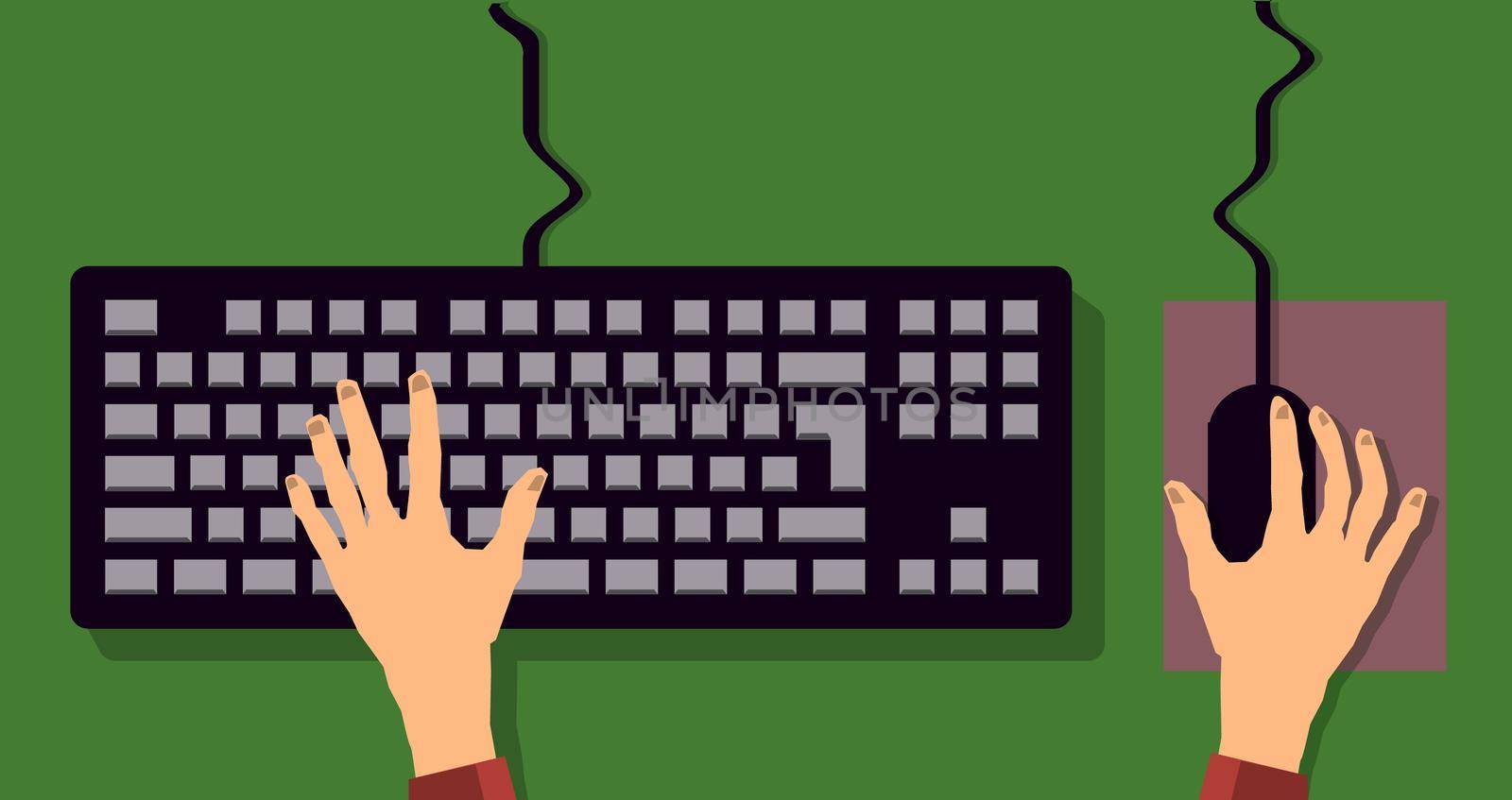 flat keyboard and hand. typing on keyboard and mouse. illustration