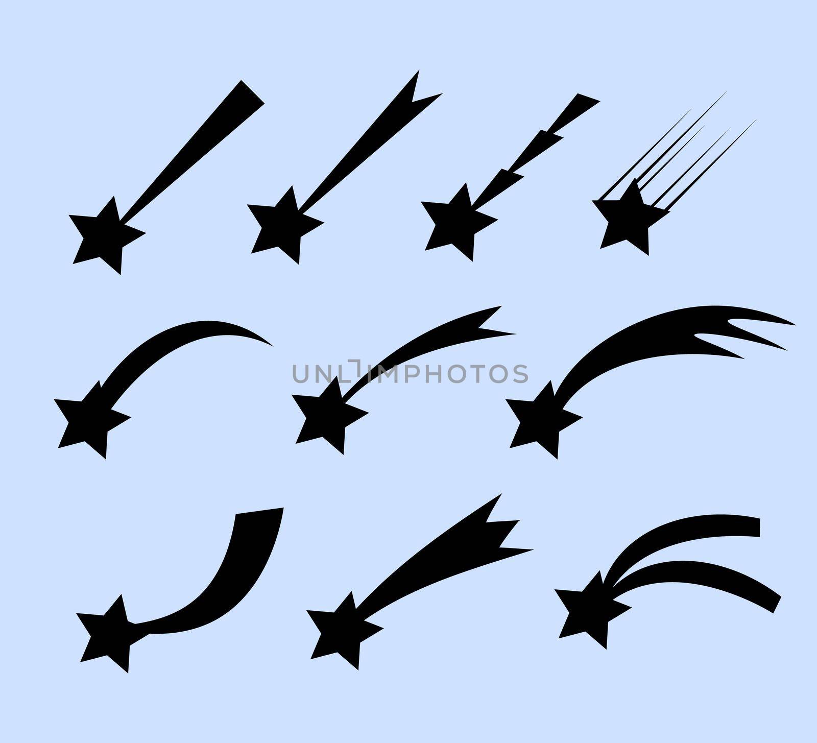 Falling stars set. Shooting stars isolated from background. Icons of meteorites and comets. Falling stars with different tails.