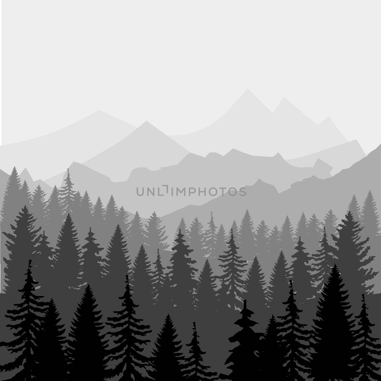 landscape. Panorama of mountains and forest silhouette. illustration