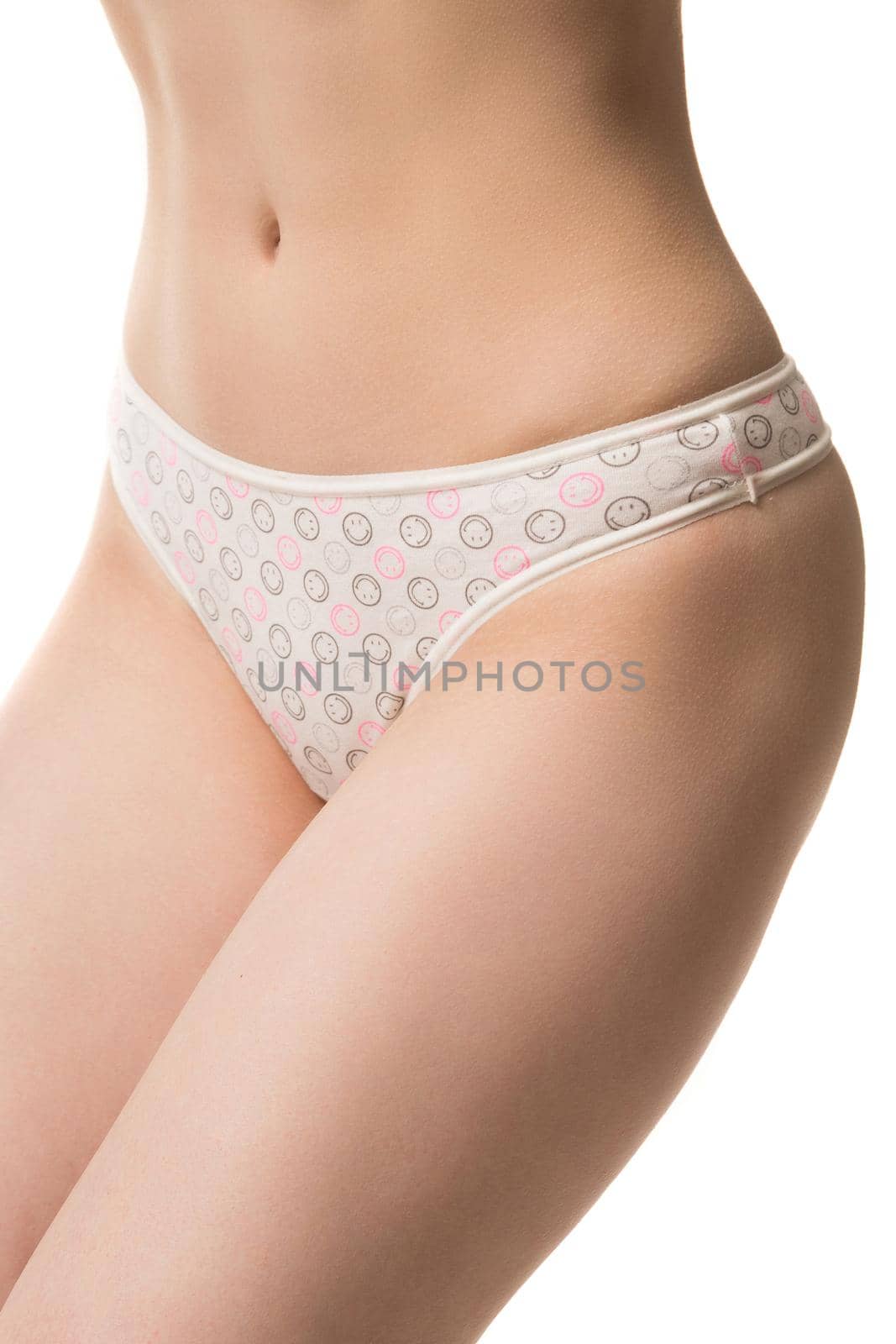 slim female body on a white background, panties, half-length shot by TRMK