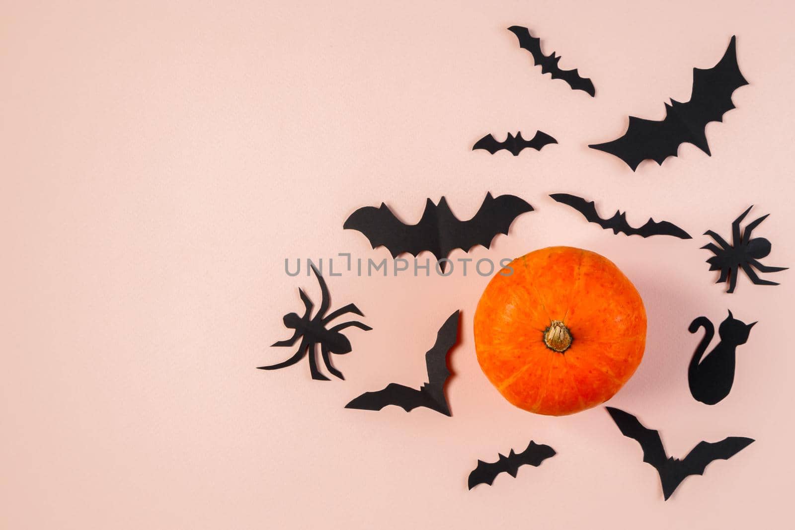 Happy Halloween. Bats and pumpkin on a pink pastel background. Place for text.