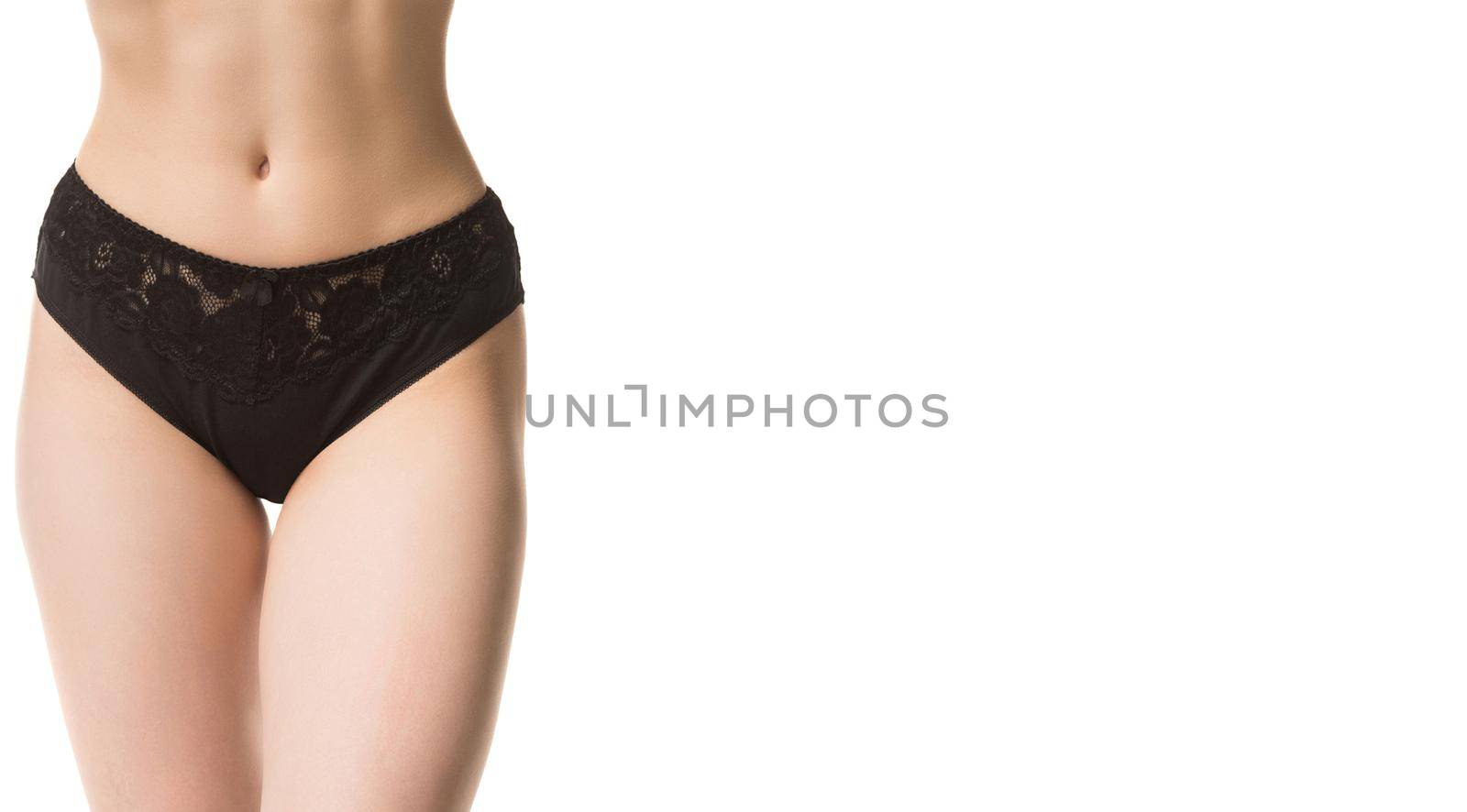 girl in panties, half-length shot on white background.