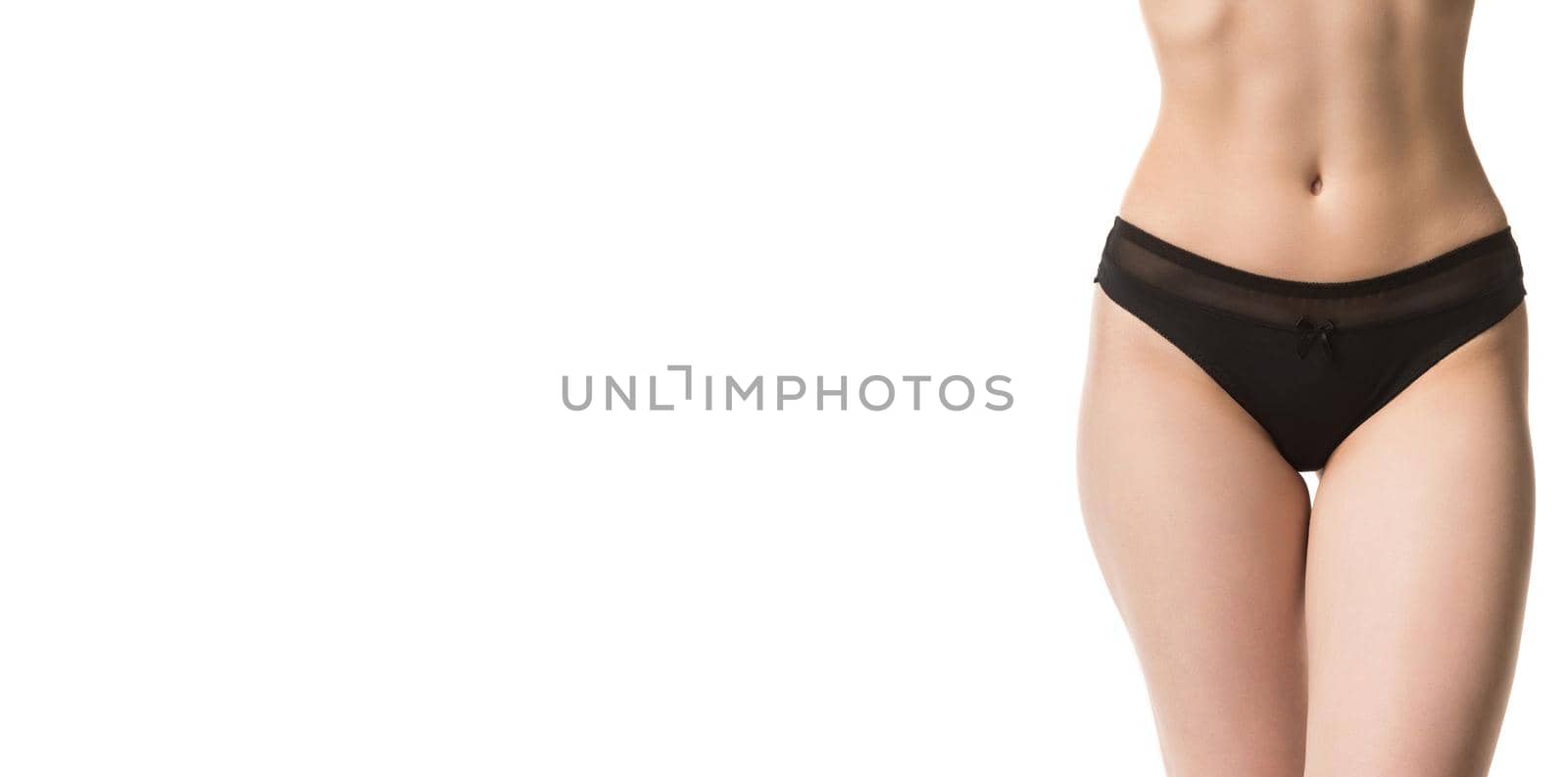 girl in panties, half-length shot on white background.