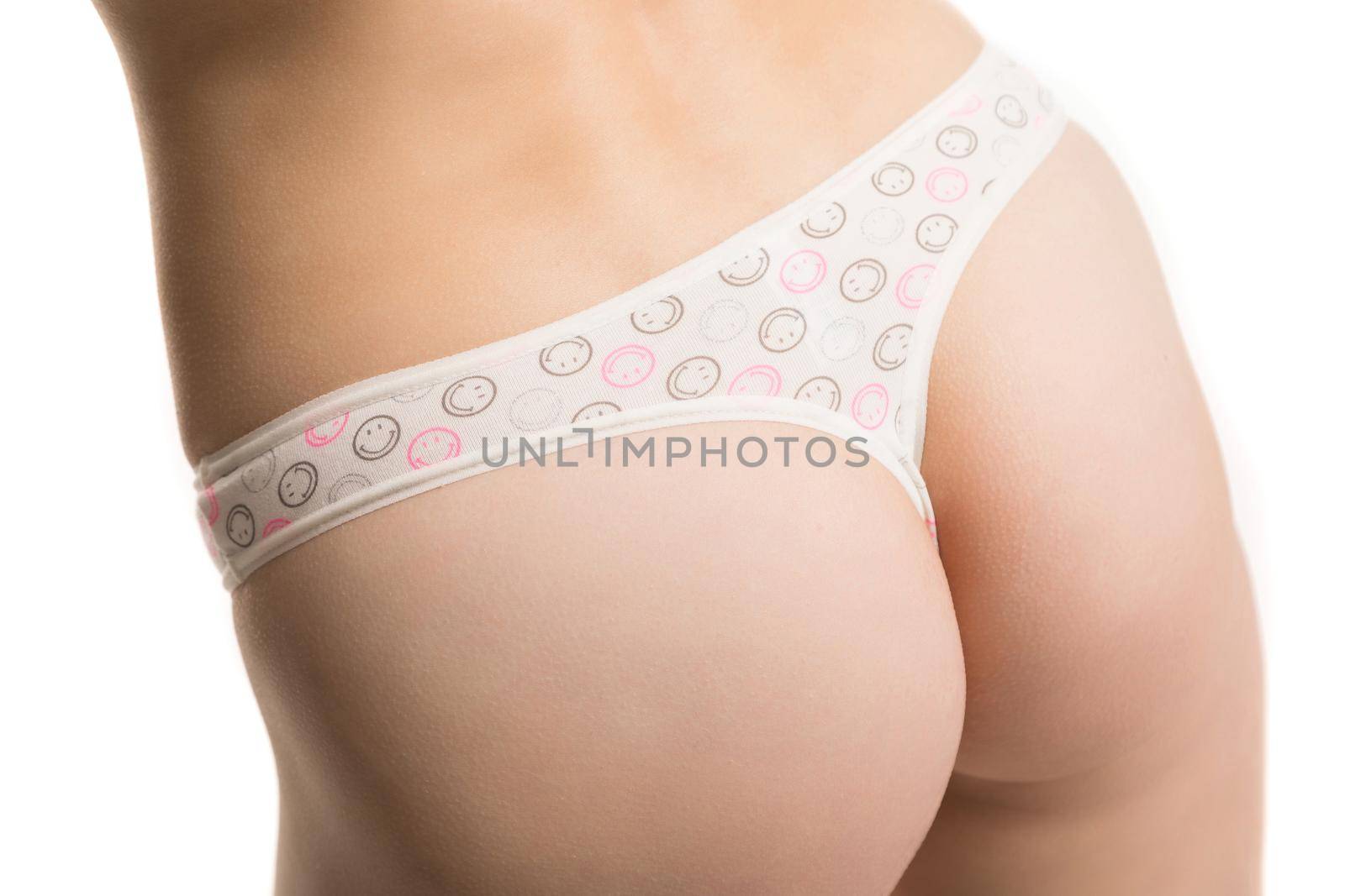 girl in panties, half-length shot on white background.