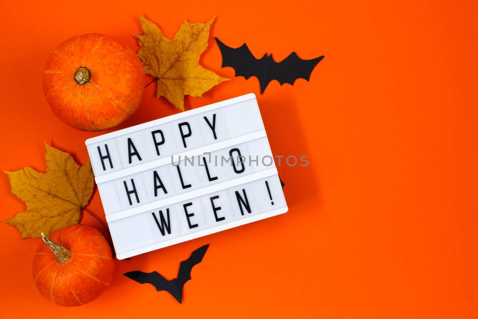 Halloween concept. Festive decorations. Pumpkins and greeting card on an orange background.