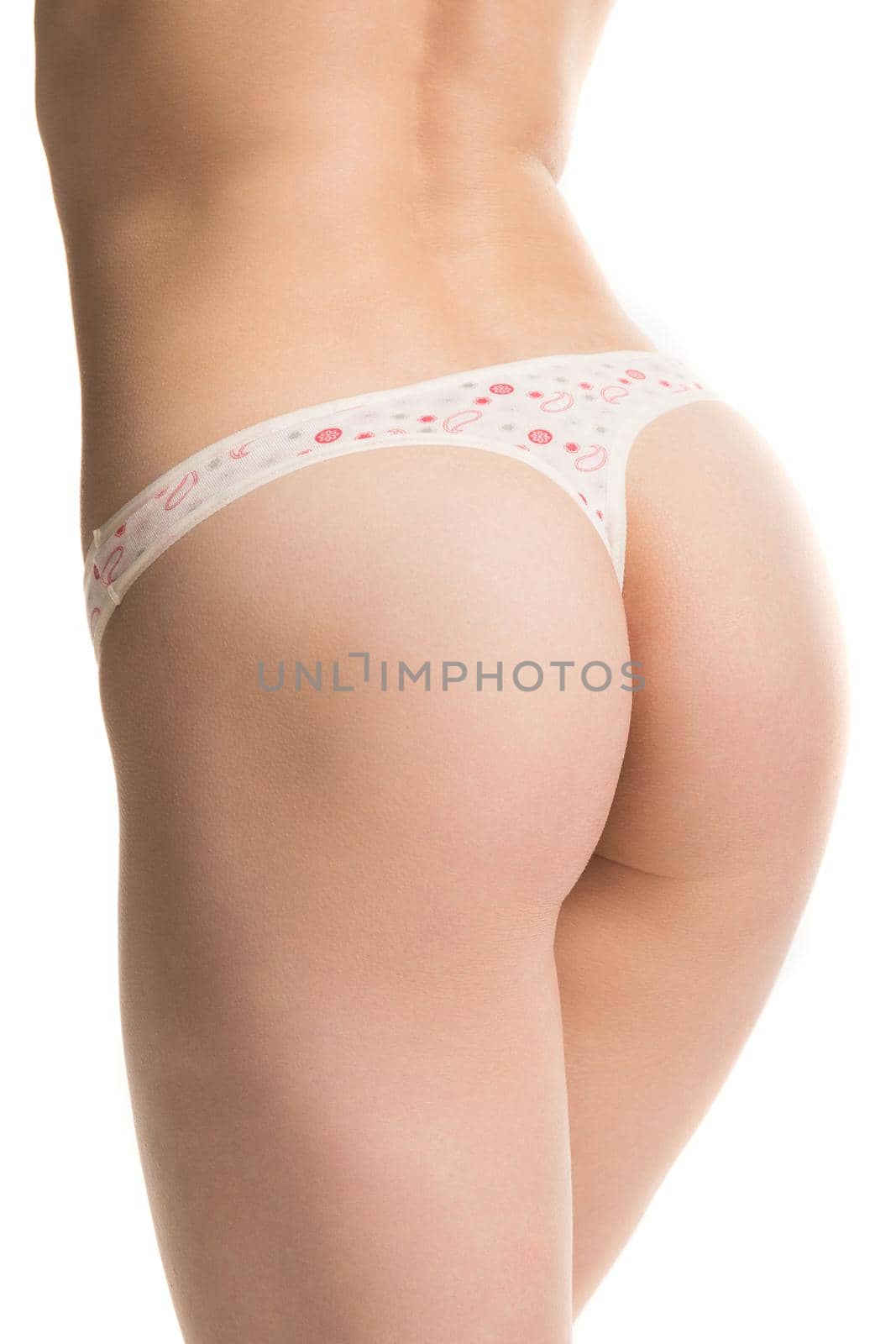 girl in panties, half-length shot on white background.