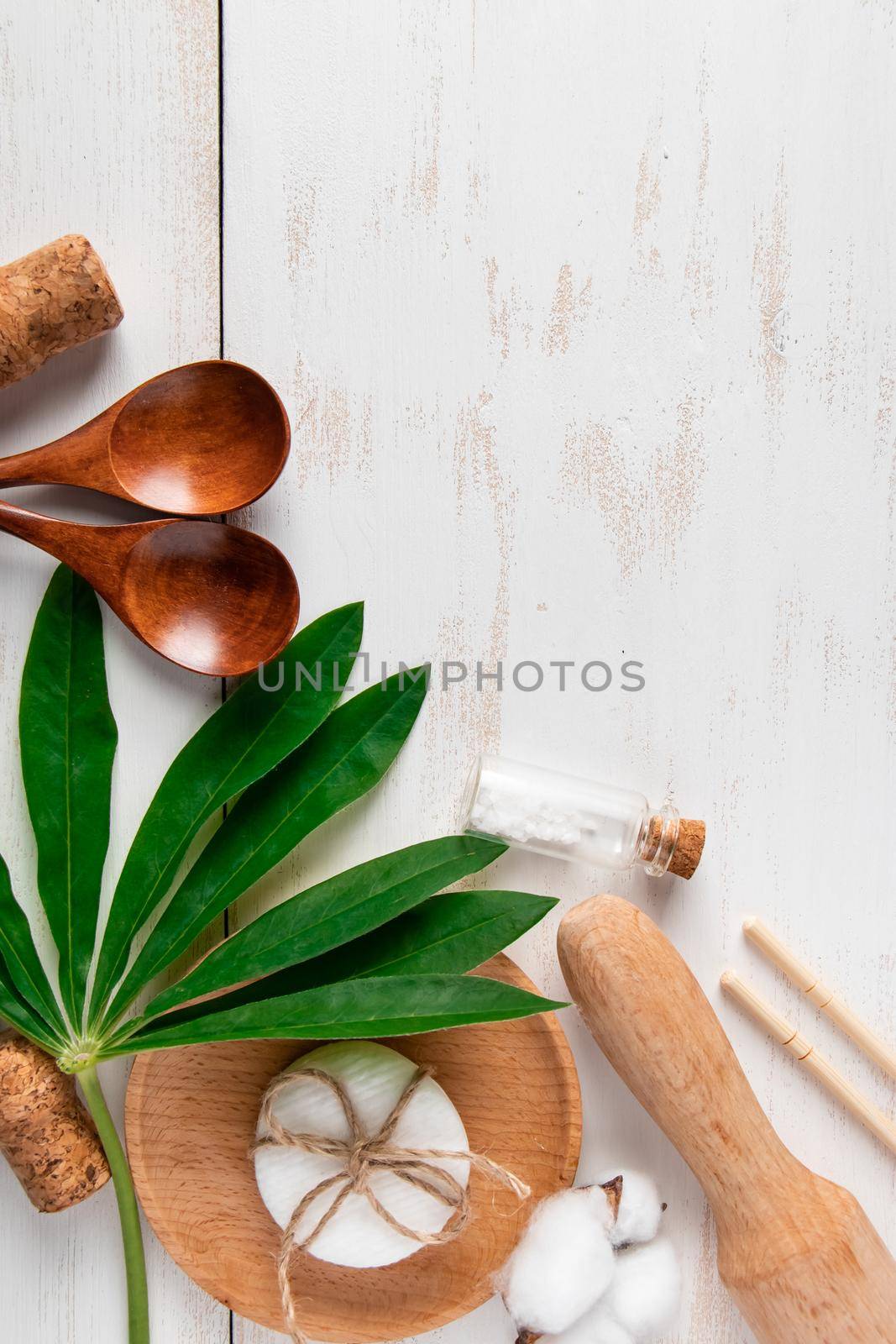 Zero waste concept. Natural biodegradable kitchen utensils on a white wooden background. by Statuska