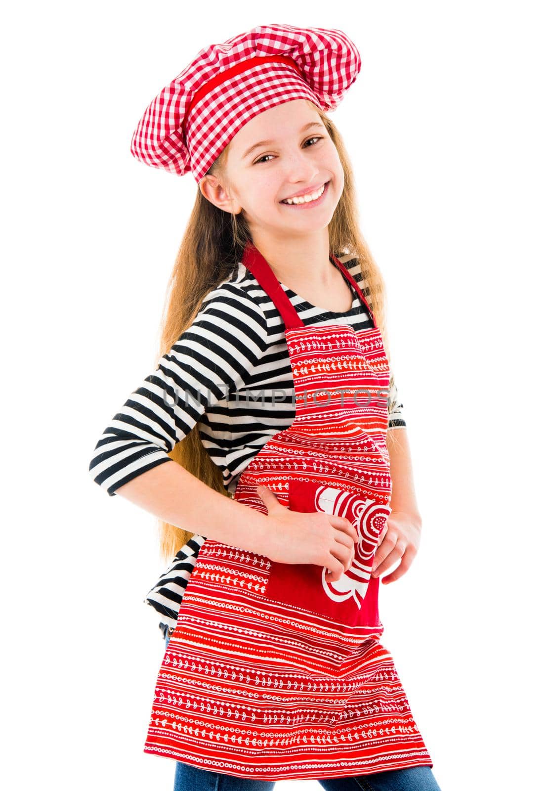 Little girl in red chef uniform smiles by GekaSkr
