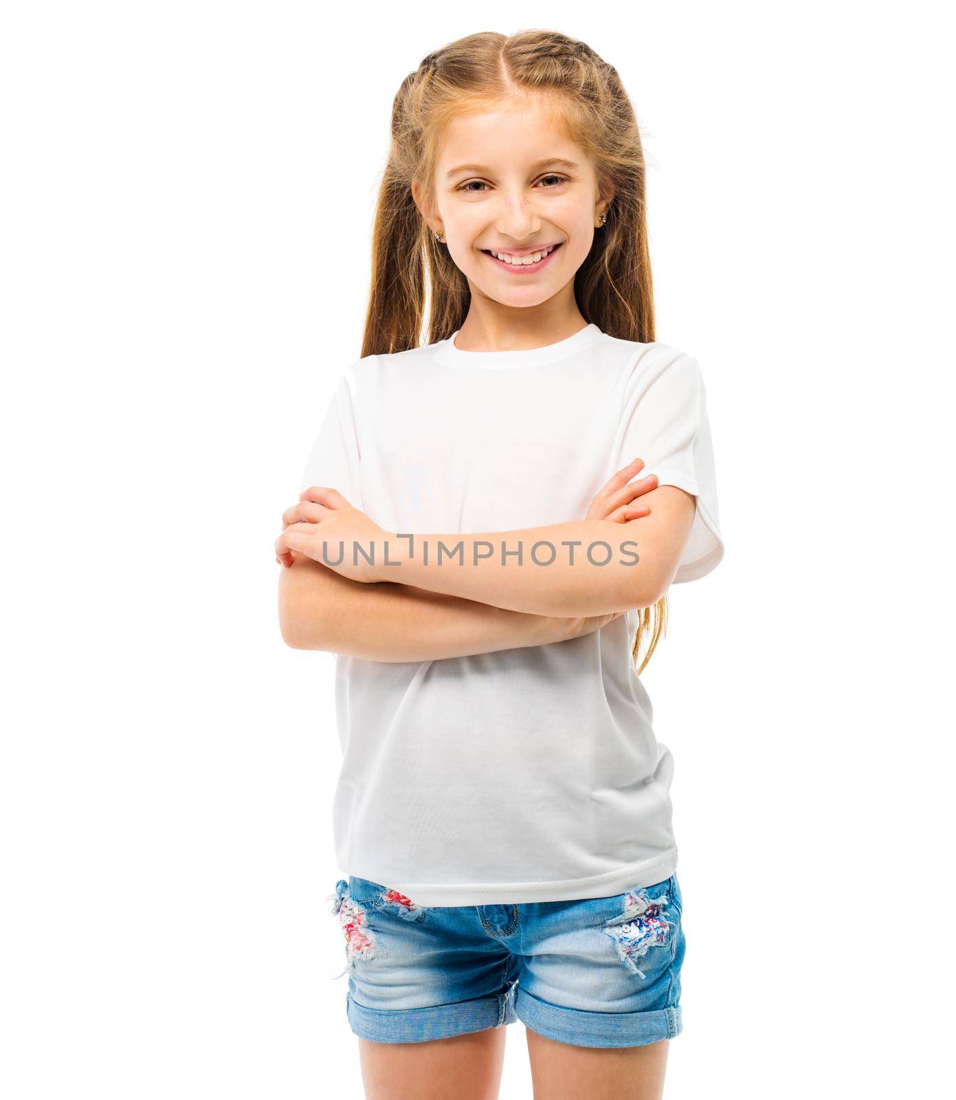 Smiling little girl in blank white t-shirt with space for logo