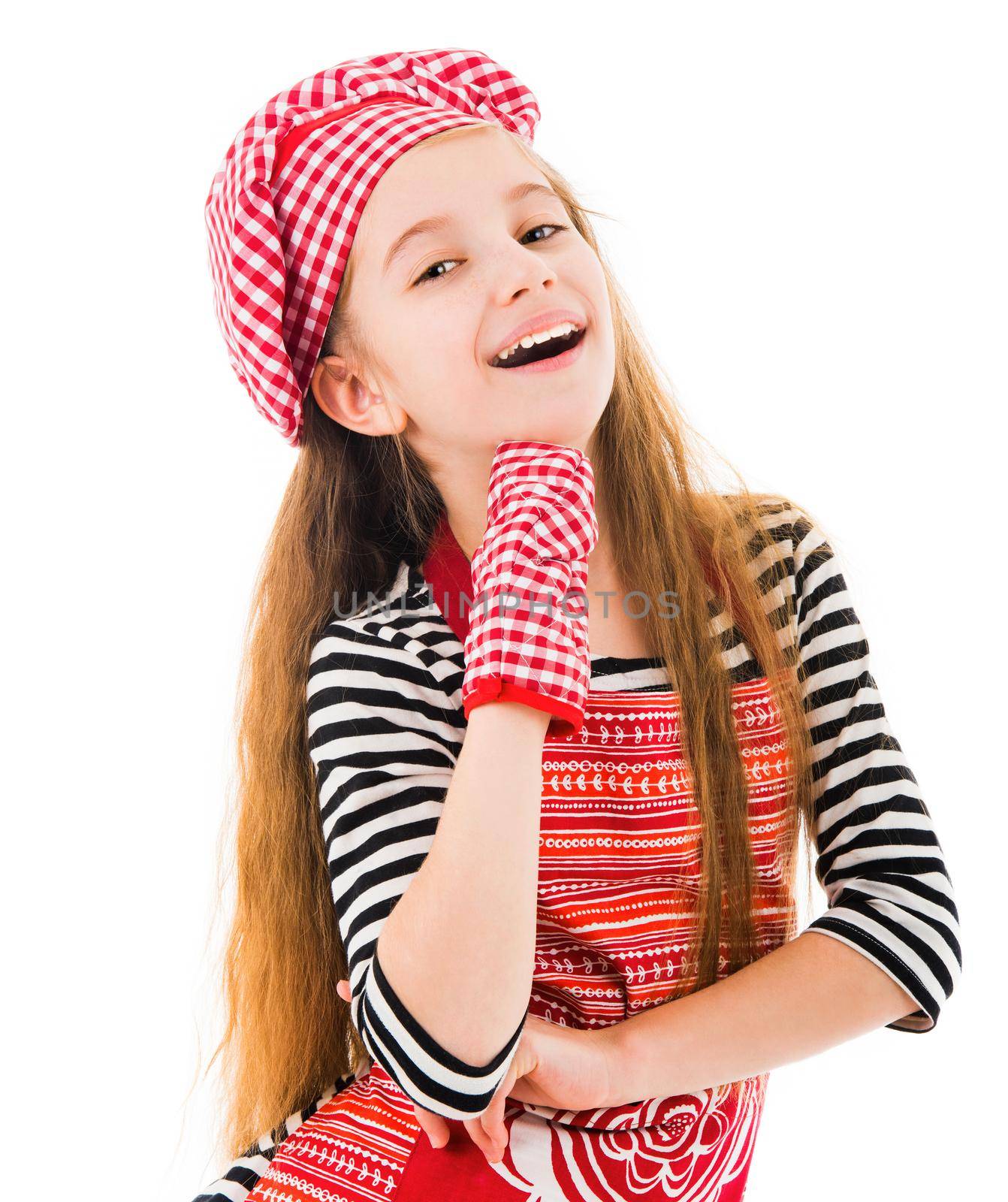 Girl in red apron and baking glove by GekaSkr