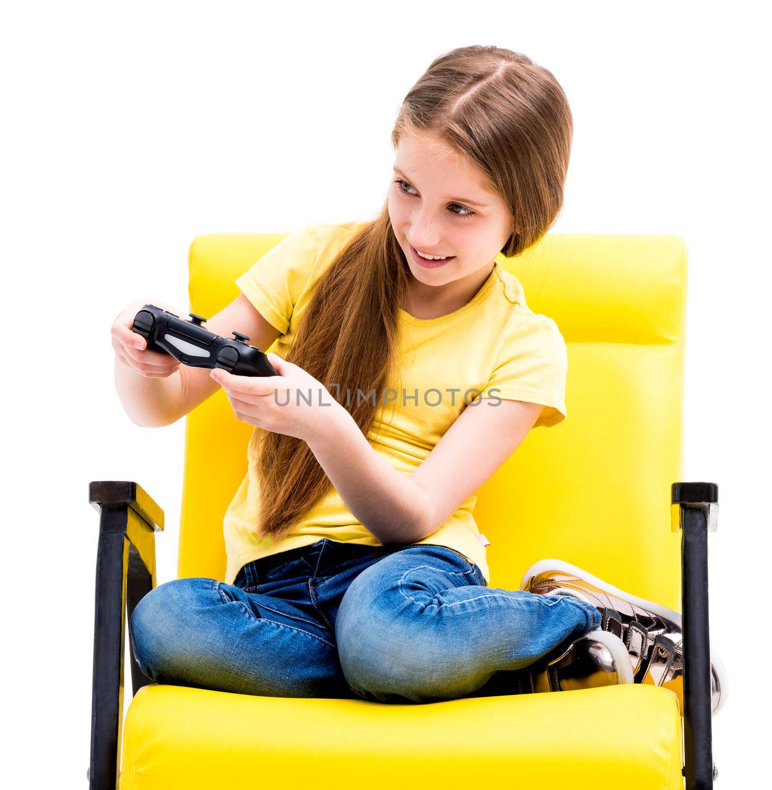 teen girl holding joystick for computer games by GekaSkr