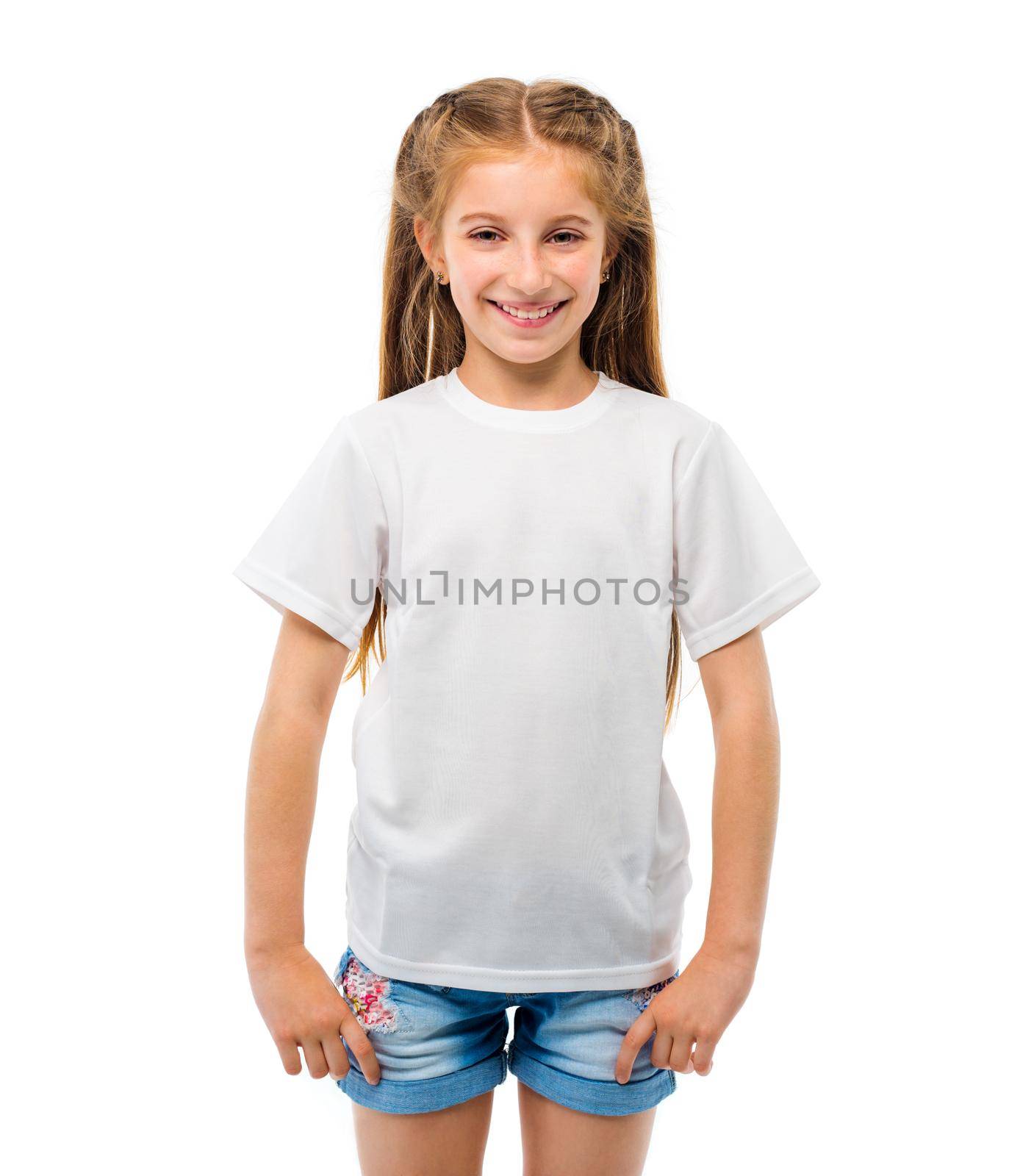 Little girl in white T-shirt on white background by GekaSkr