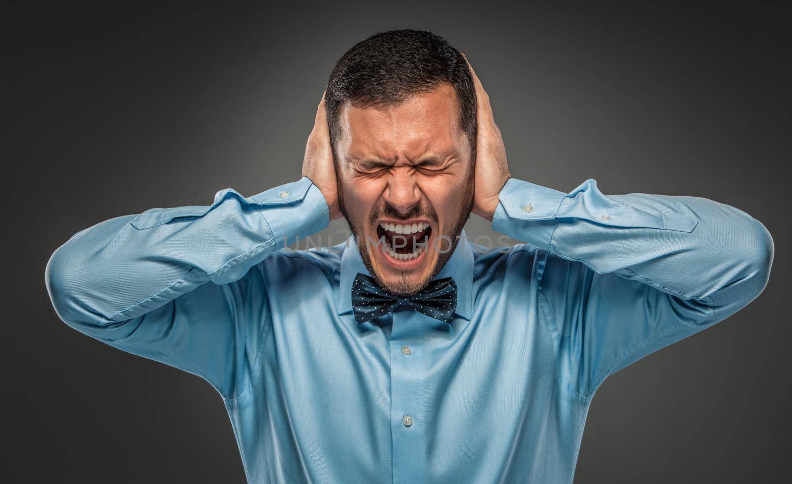 Portrait of angry upset young man in blue shirt and butterfly tie closes his ears with hands, yelling isolated on gray studio background. Negative human emotion, facial expression. Closeup