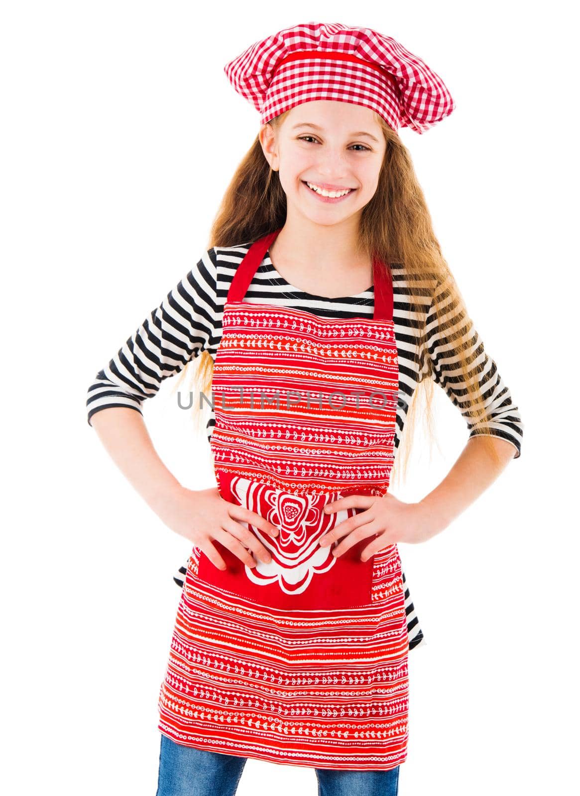 Little girl in red chef uniform smiles by GekaSkr