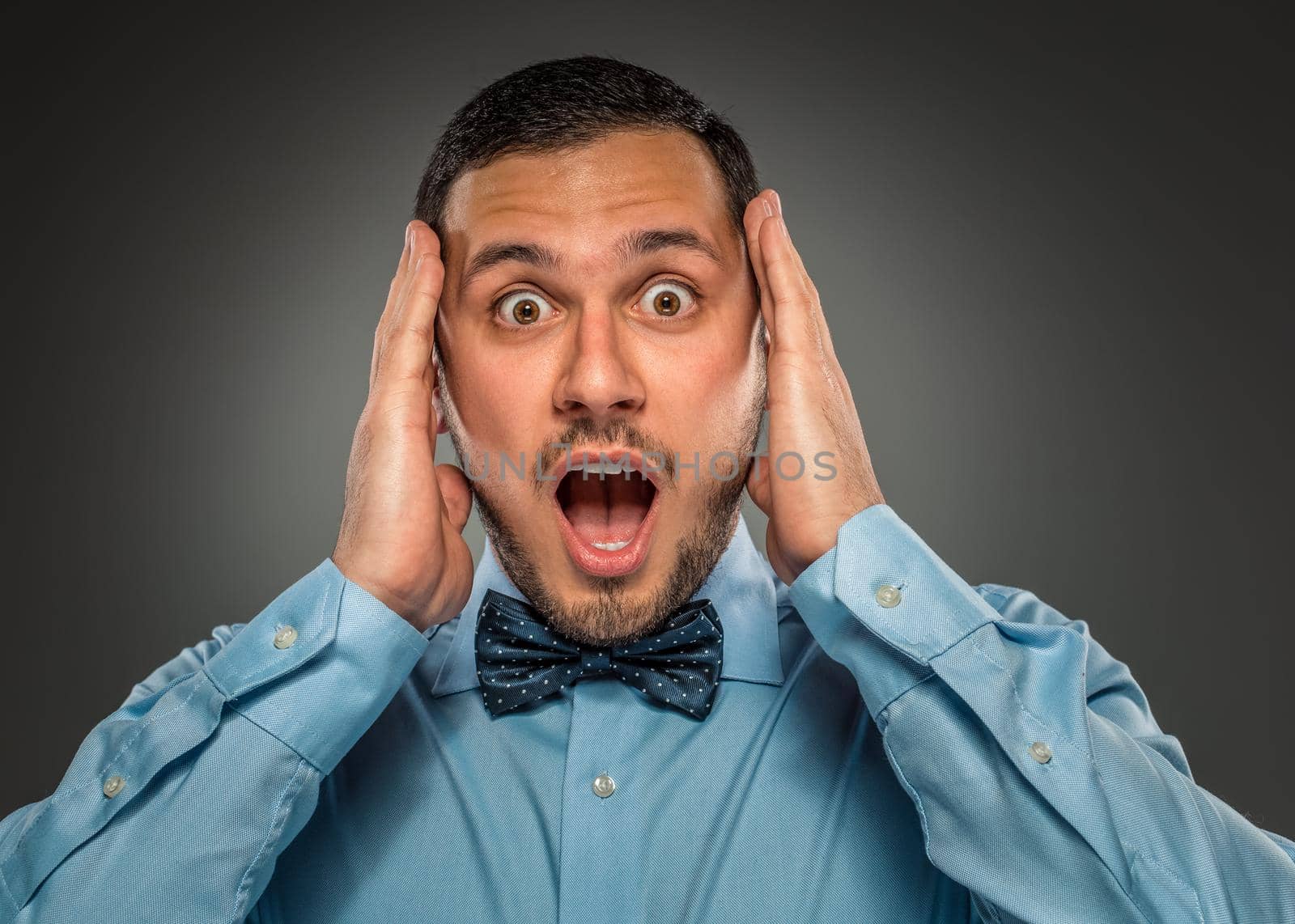 Portrait young man in blue shirt and butterfly tie looking at the camera with amazement, hands touch the head isolated on gray studio background. Human emotion, facial expression. Closeup