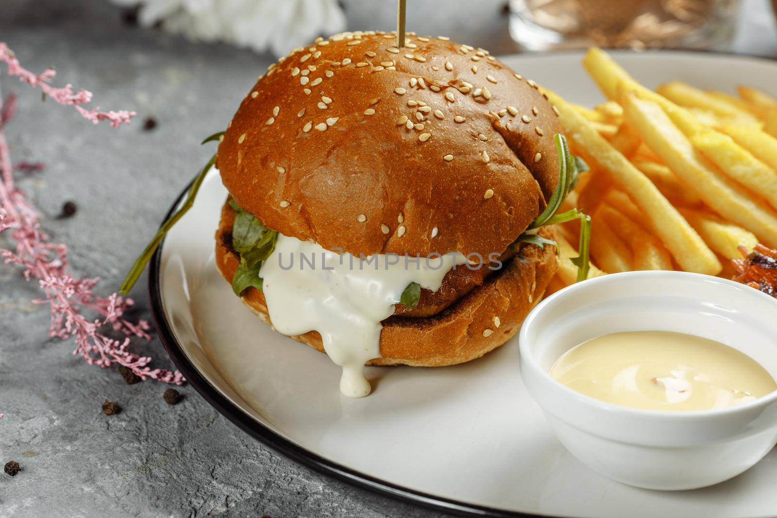 burger with fries and sauce on a white plate by UcheaD