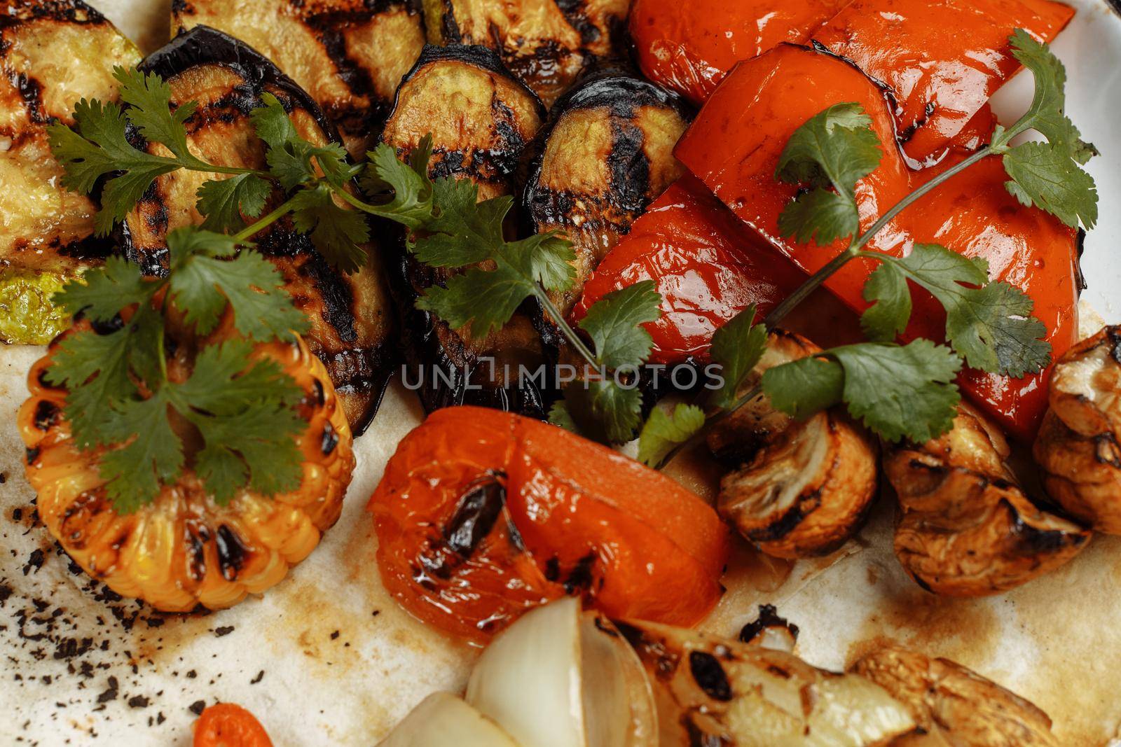 grilled vegetables on a white plate. Grilled fresh vegetables by UcheaD