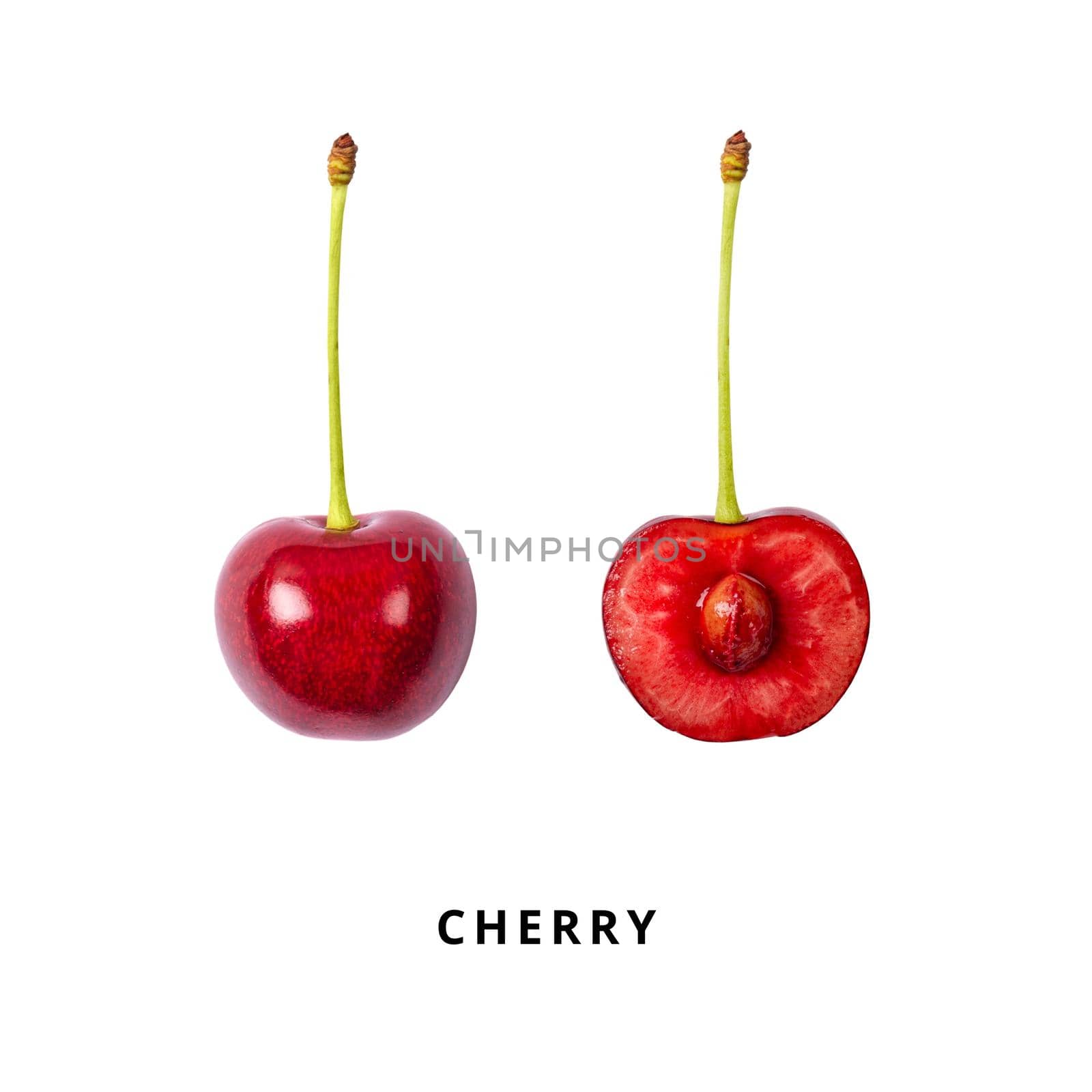 Ripe red sweet cherry isolated on white background. Macro photo close up. Two cherries on white background. Banner with copy space. by esvetleishaya