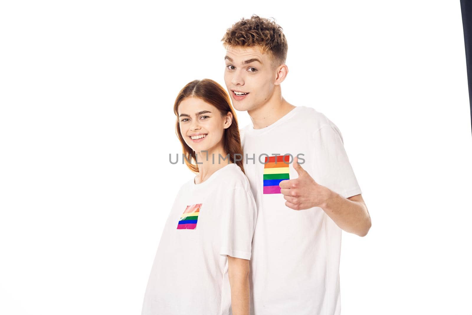 young couple lgbt Flag transgender lifestyle light background by Vichizh