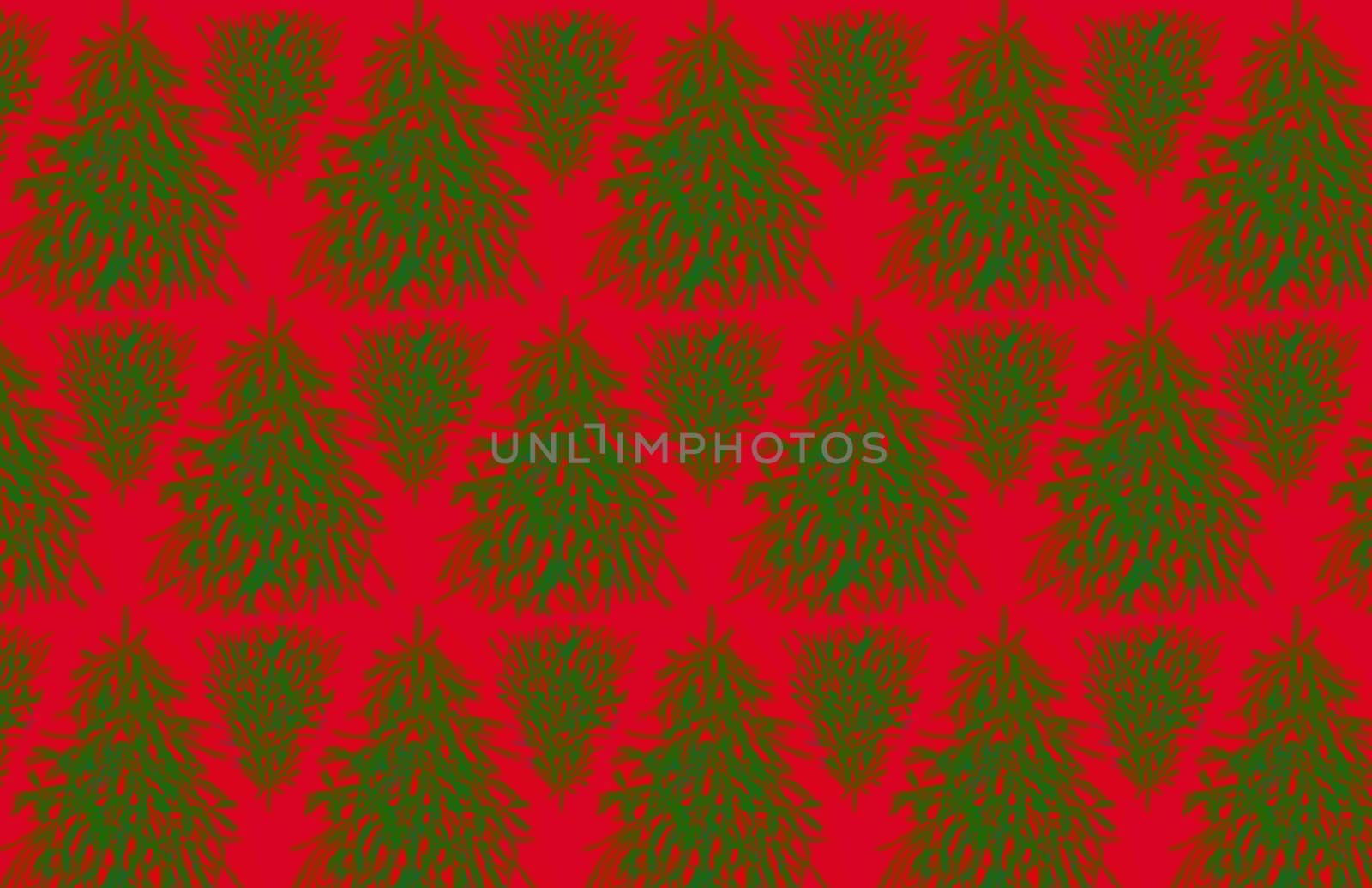 Christmas background from green trees on a red background. Wrapping. New Year in red and green colors. Christmas tree on a red background.