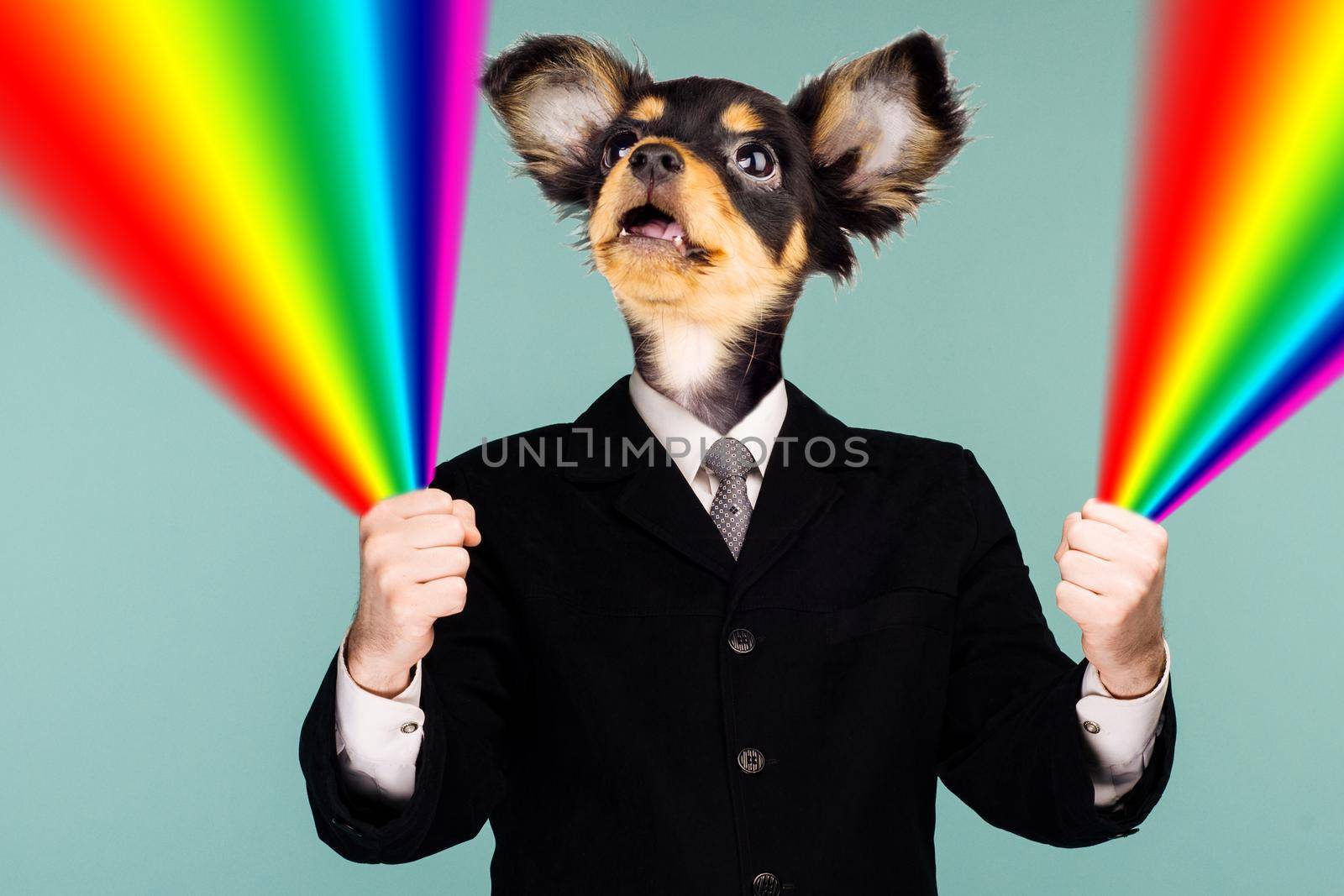 Psychedelic collage combining a man in a suit and a dog's head. The character holds a rainbow in his hands and looks up. The mouth is open in surprise. by zartarn