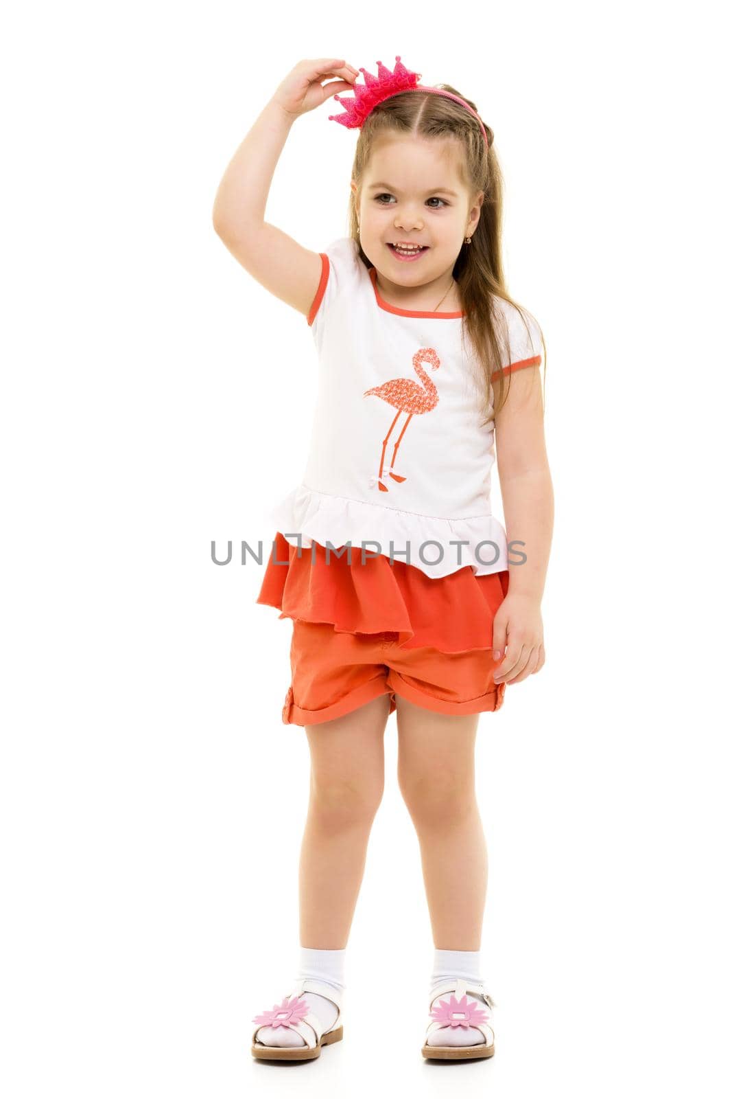 Little girl in a hat. The concept of fashion, children's recreation at sea. Isolated on white background.