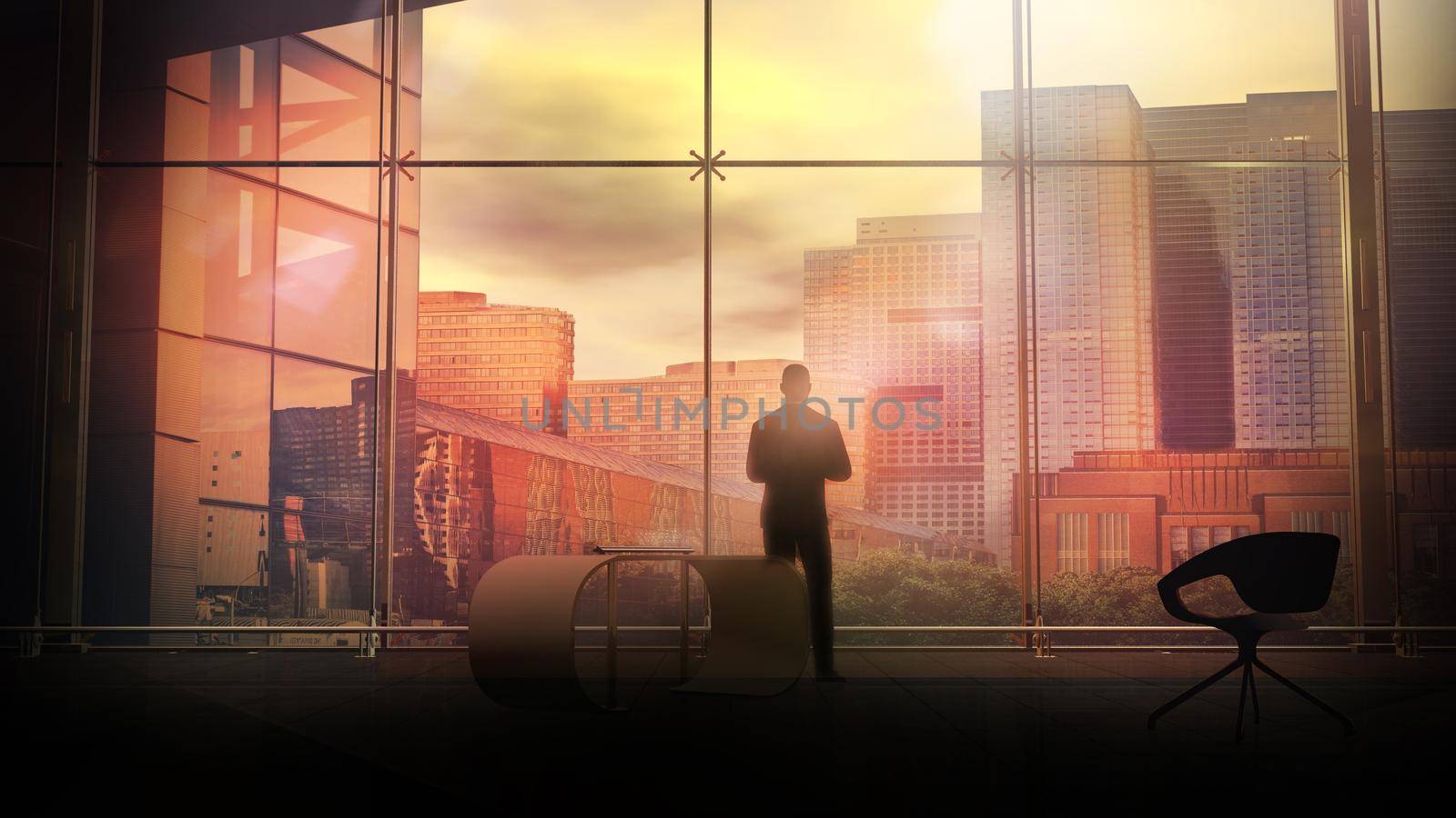 Silhouette of a businessman looking out of the window of a large office against the backdrop of the city buildings at sunset. 3D render.