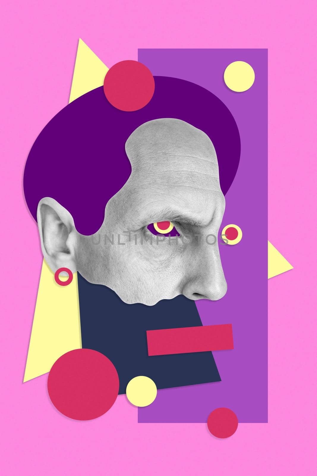 Collage with details gloomy male face in a surreal pop art style. Modern creative concept image with severe man head. Zine culture. Retro abstract design. Contemporary art poster. Funky minimalism.