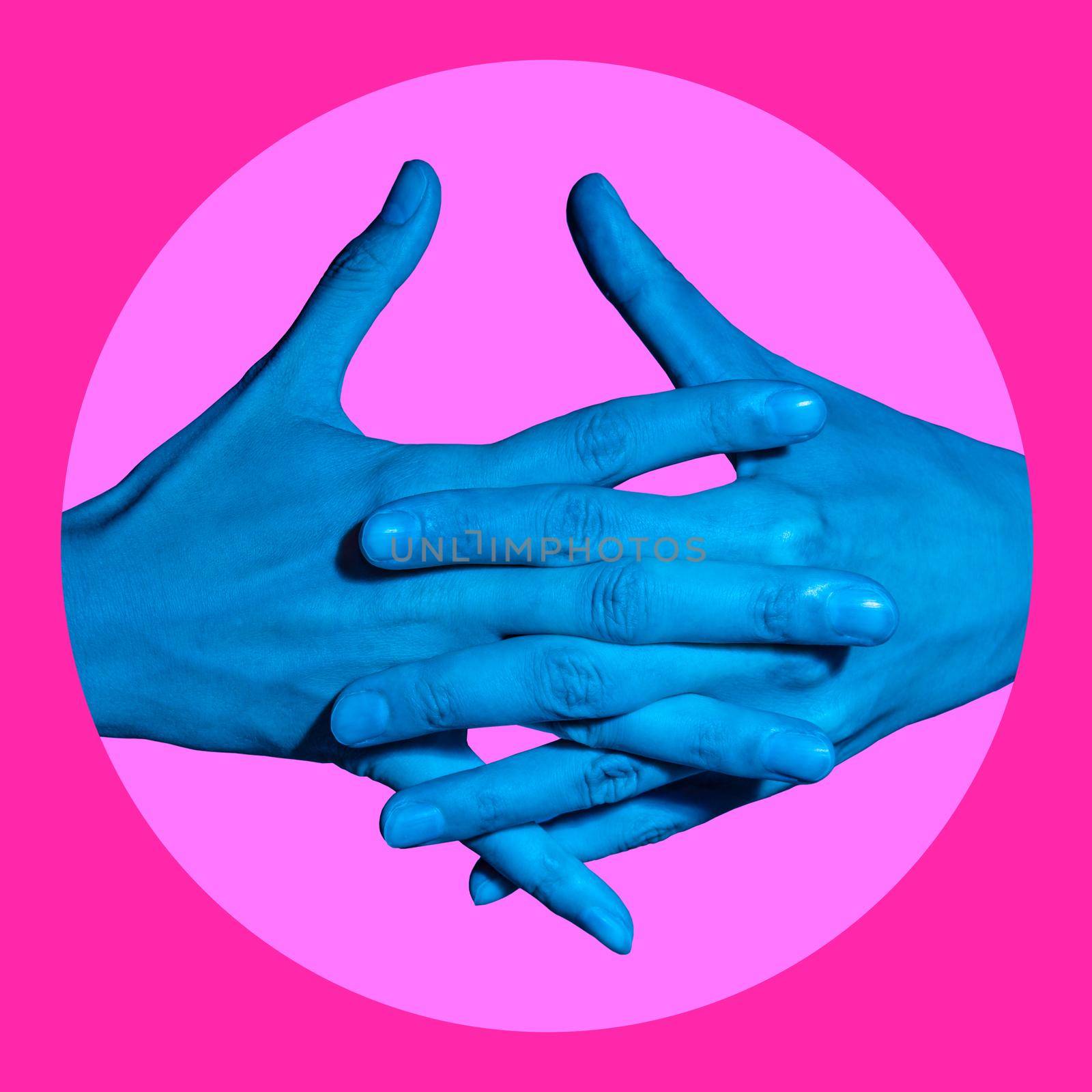 Two hand in a pop art collage style in neon bold colors. Modern psychedelic creative element with human palm for posters, banners, wallpaper. Copy space for text. Magazine style design. Zine culture.