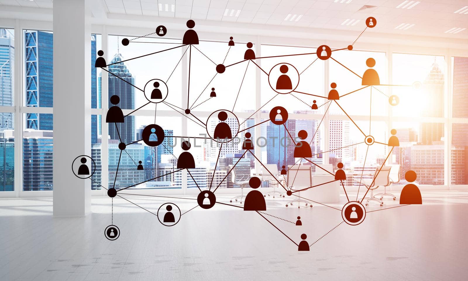 Lines connected with dots as social communication concept in office interior. 3D rendering