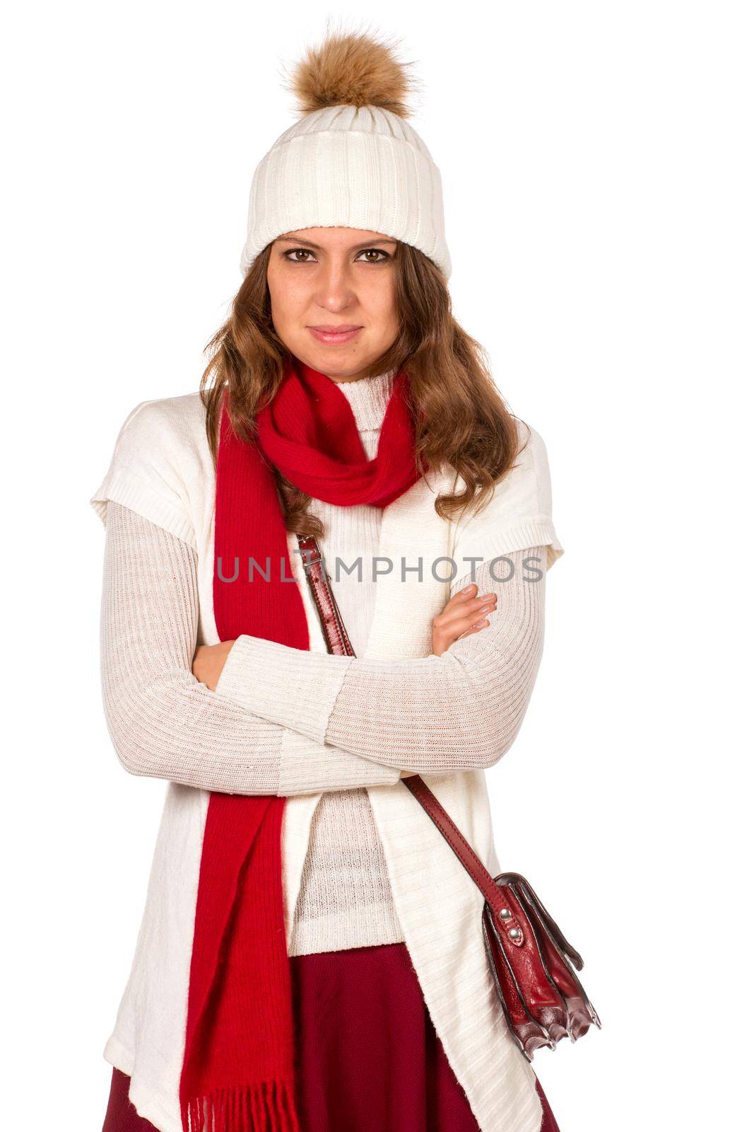 Winter Portrait of beautiful sad Woman, isolated on white