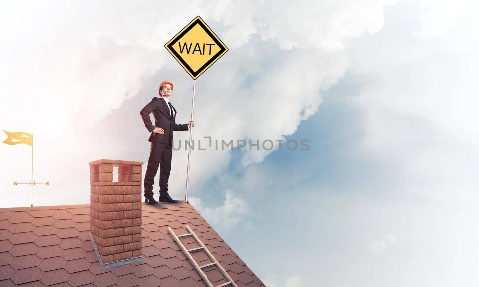 Man in suit and helmet holding yellow sign on stick. Mixed media