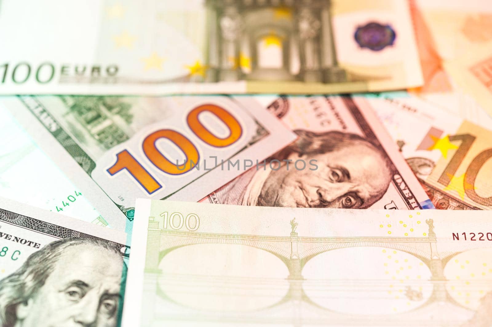 Close-up view of cash money euro and dollars bills background. Finance and business concept. Close-up. Shallow depth of field.