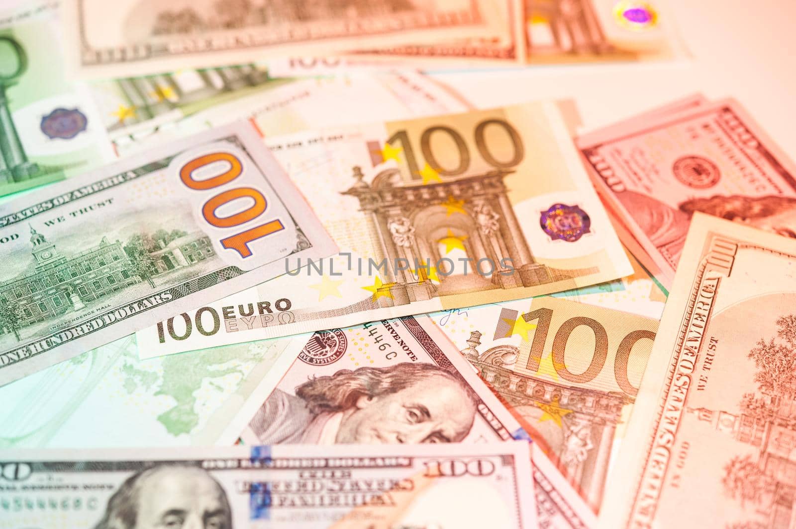 Close-up view of cash money euro and dollars bills background. Finance and business concept. Close-up. Shallow depth of field.