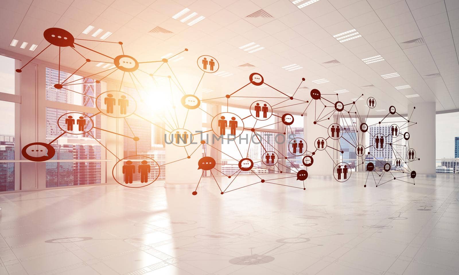 Lines connected with dots as social communication concept in office interior. 3D rendering
