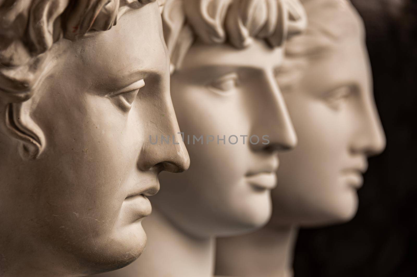 Group gypsum busts of ancient statues human heads for artists on a dark background. Plaster sculptures of antique people faces. Renaissance epoch style. Blank for creativity. Academic subject.