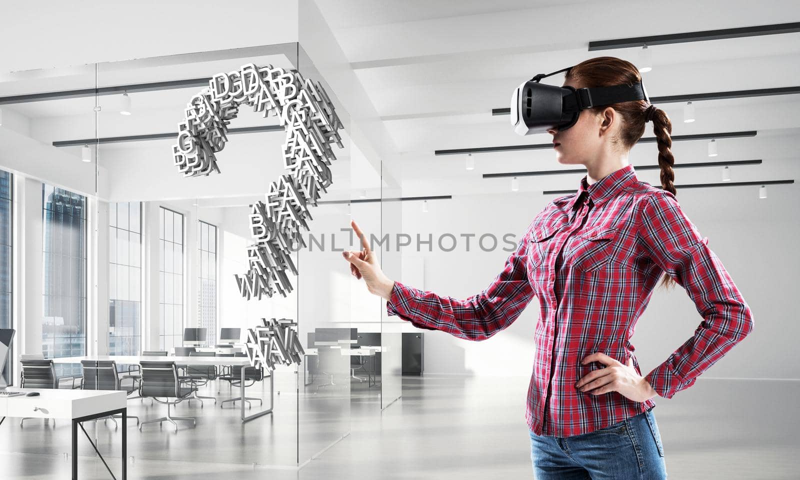 Young woman in virtual reality helmet and question white symbol. Mixed media