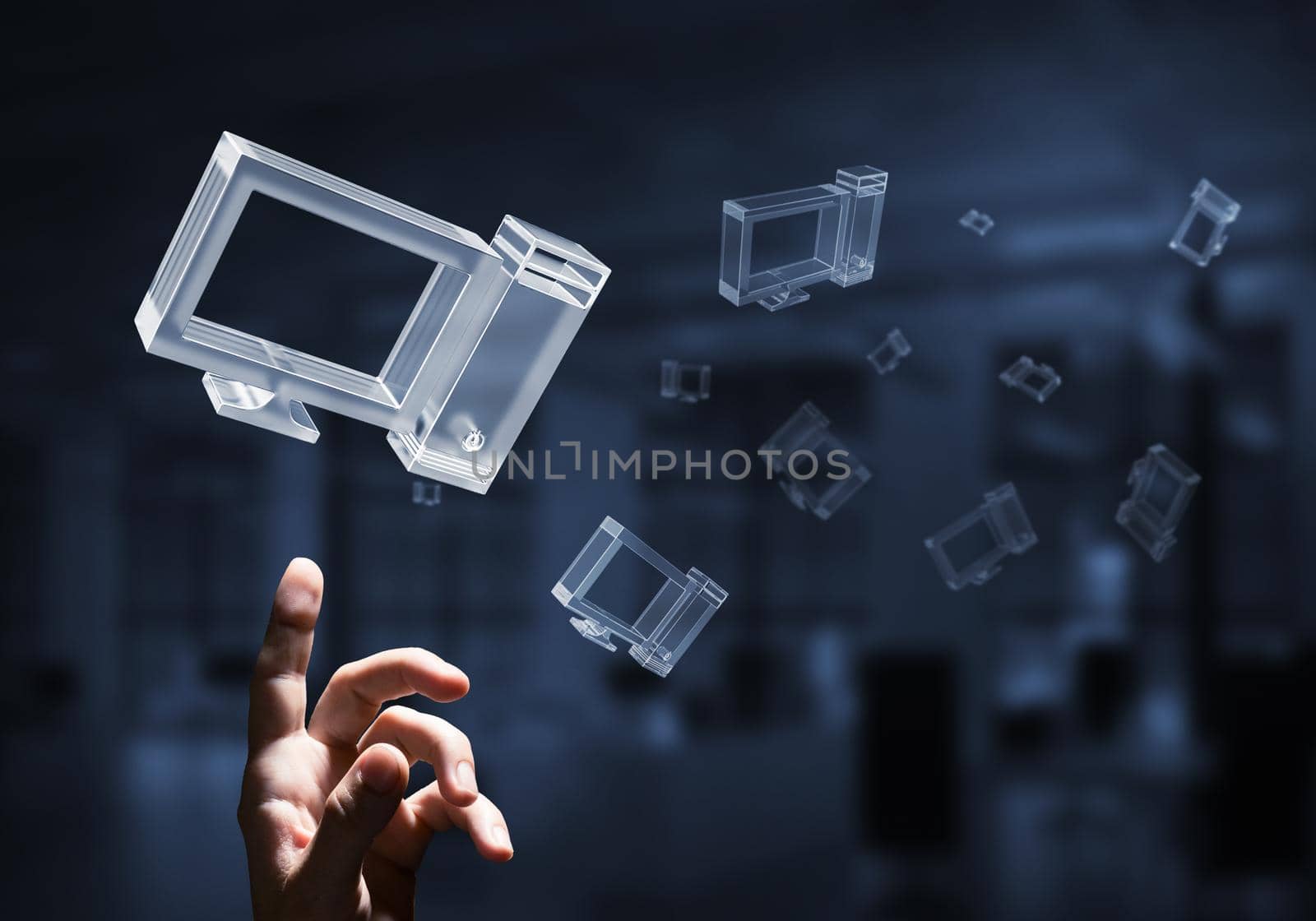 Close of businessman hand touching glass cloud computing concept. Mixed media