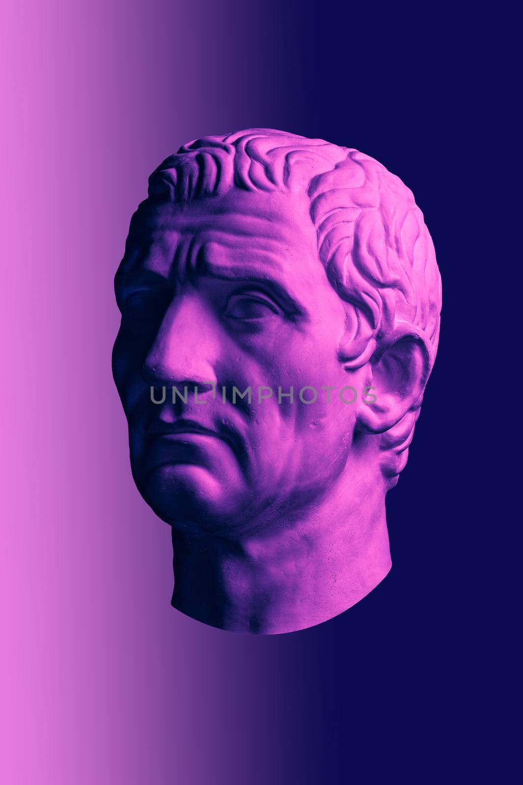 Statue of Guy Julius Caesar Octavian Augustus. Creative concept colorful neon image with ancient roman sculpture Guy Julius Caesar head. Webpunk, vaporwave and surreal art style. Purple.