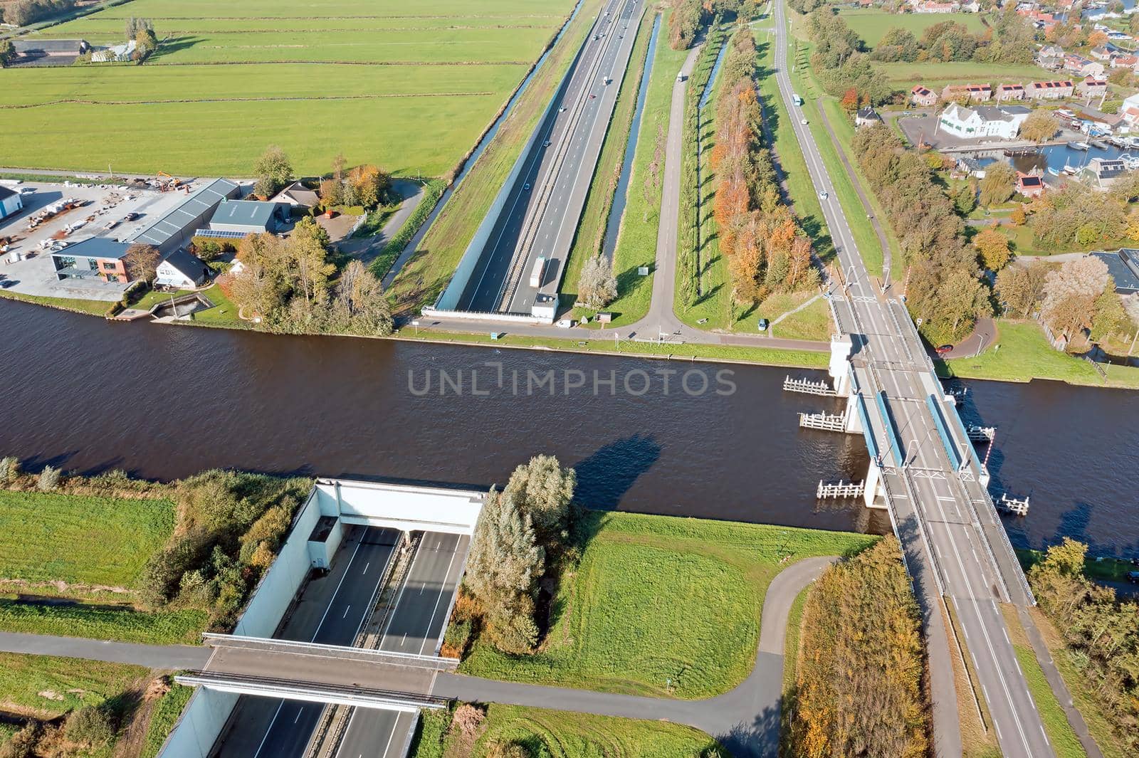 Aerial from the Princes Margriet Aquaduct at the highway A7 near Uitwellingerga in the Netherlands