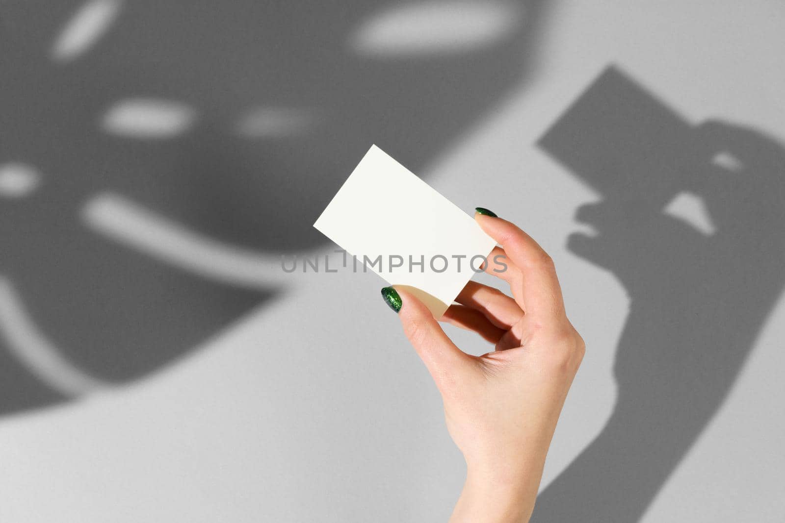 Female hand holding blank businesscard. Creative photo with shadow close up
