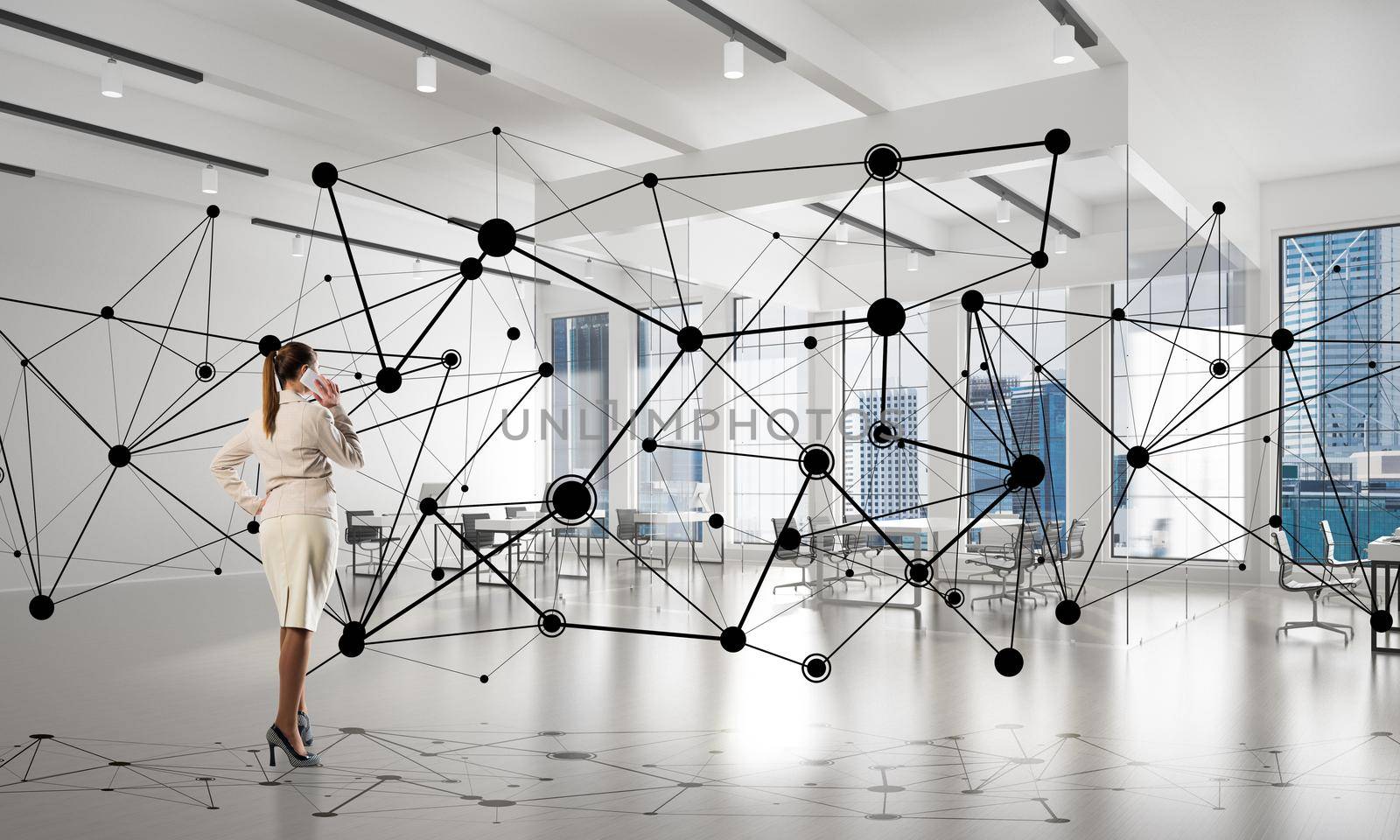Elegant businesswoman in modern office interior and social connection concept. Mixed media