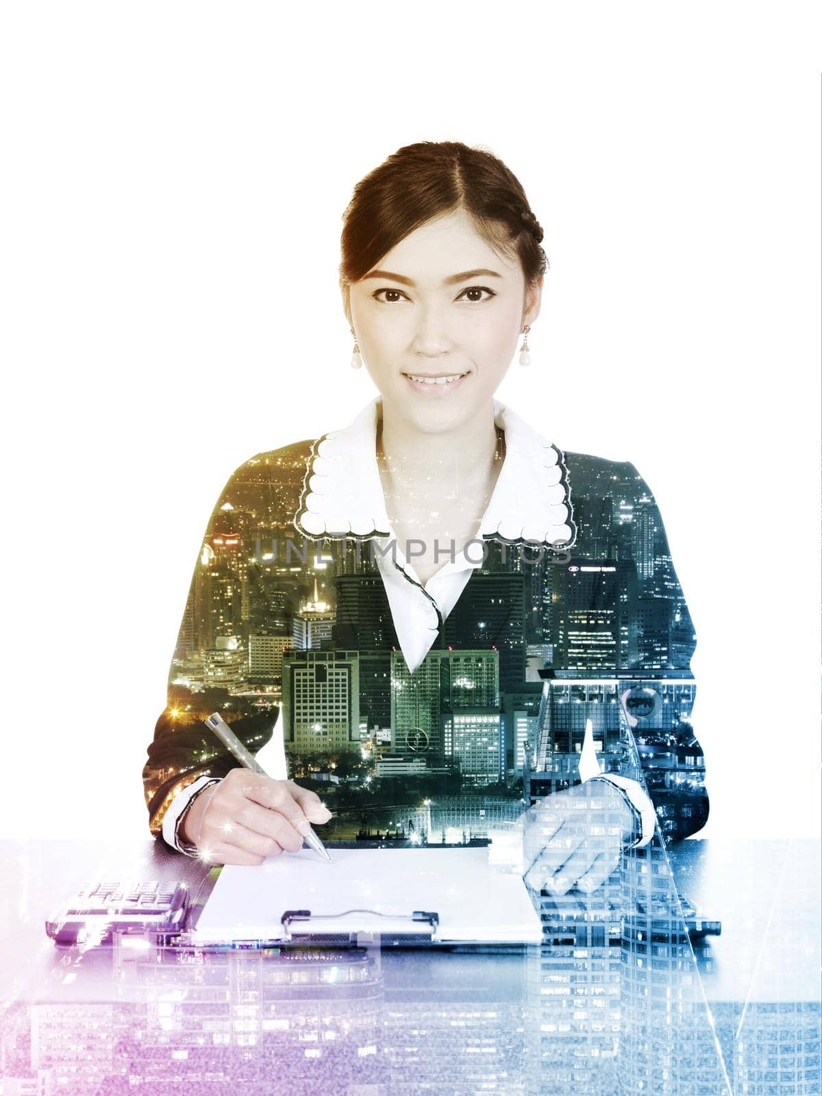 Double exposure of business woman write on clipboard against the city isolated on white background
