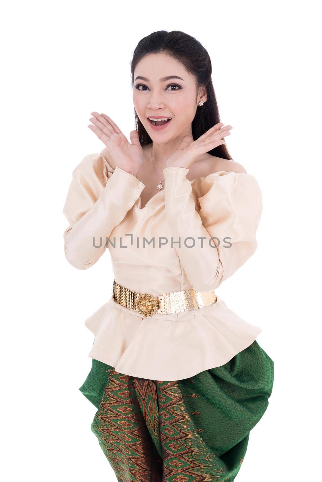 surprised woman in Thai traditional dress isolated on white background