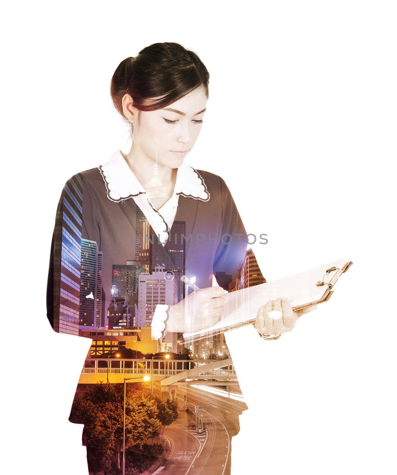 Double exposure of business woman write on clipboard against the city isolated on white background